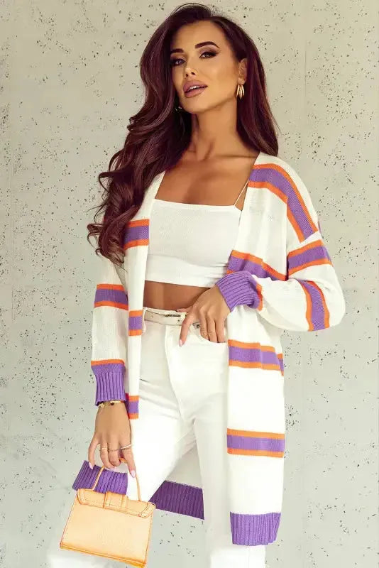 Striped Long Sleeve Ribbed Trim Button Cardigan Women UK