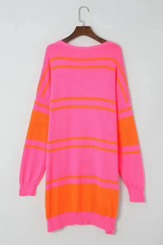 Striped Long Sleeve Ribbed Trim Button Cardigan Women UK