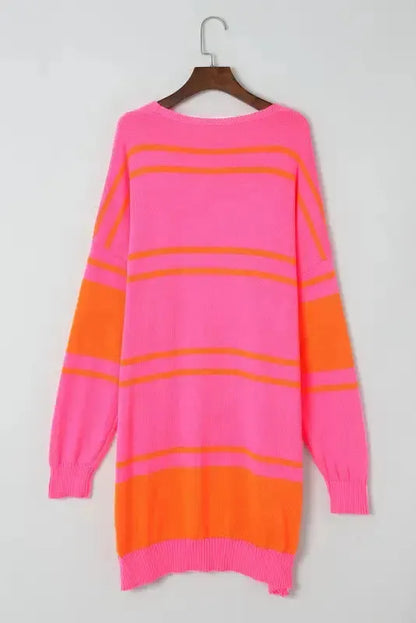 Striped Long Sleeve Ribbed Trim Button Cardigan Women UK