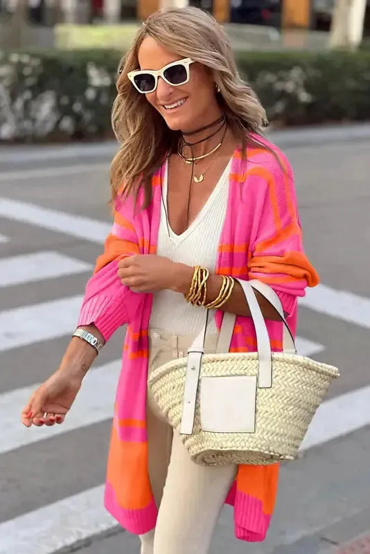 Striped Long Sleeve Ribbed Trim Button Cardigan Women UK