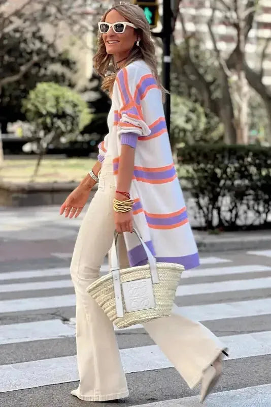 Striped Long Sleeve Ribbed Trim Button Cardigan Women UK