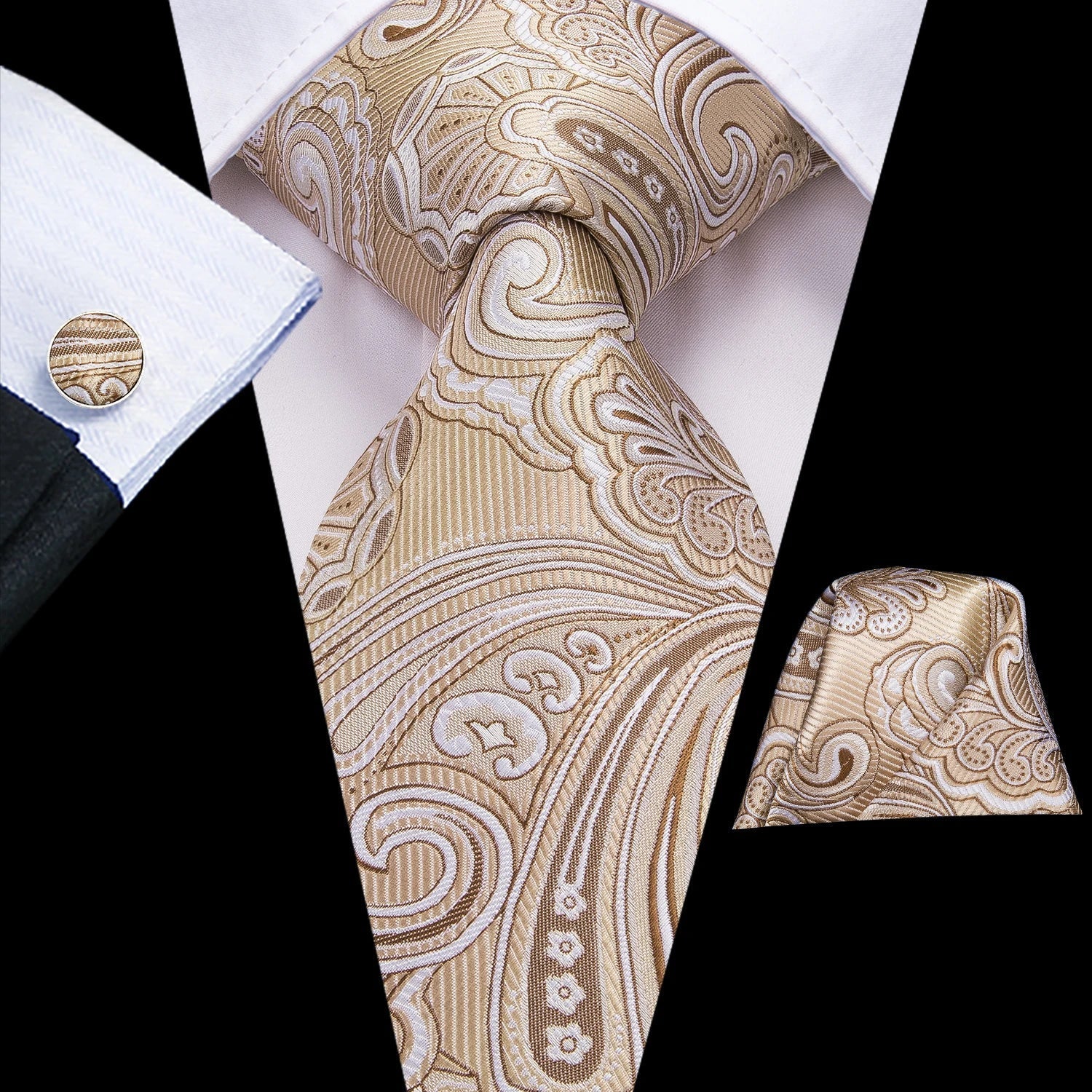 Beige Paisley Silk Tie - With Matching Cufflinks & Pocket Square