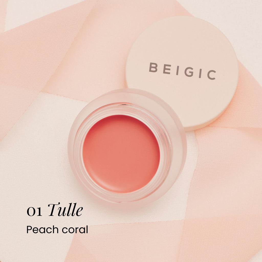 BEIGIC Flush Lip & Cheek Balm | Vegan Buildable Cream Blush in 01 Tulle Peach Coral | Dewy Glow