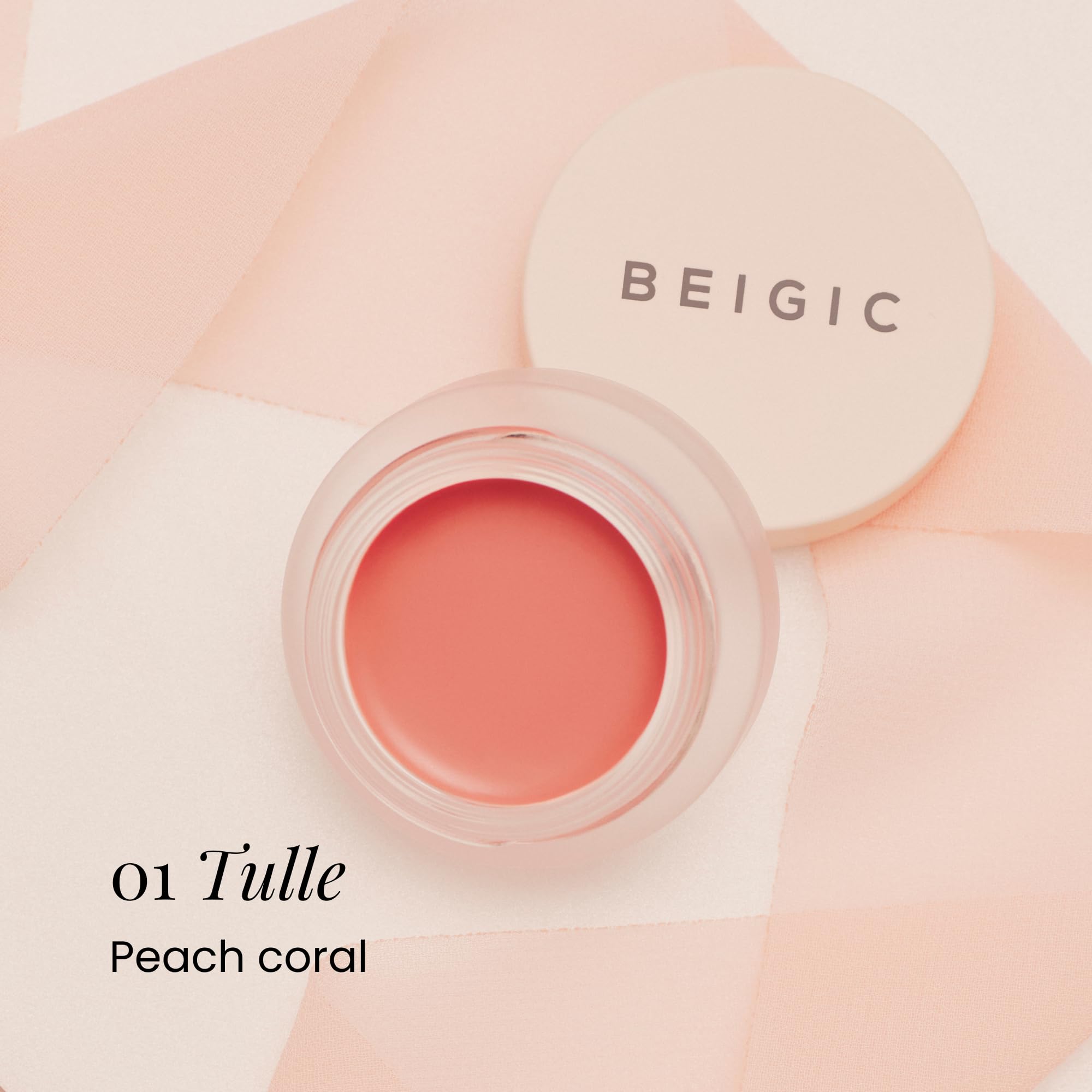 BEIGIC Flush Lip & Cheek Balm | Vegan Buildable Cream Blush in 01 Tulle Peach Coral | Dewy Glow