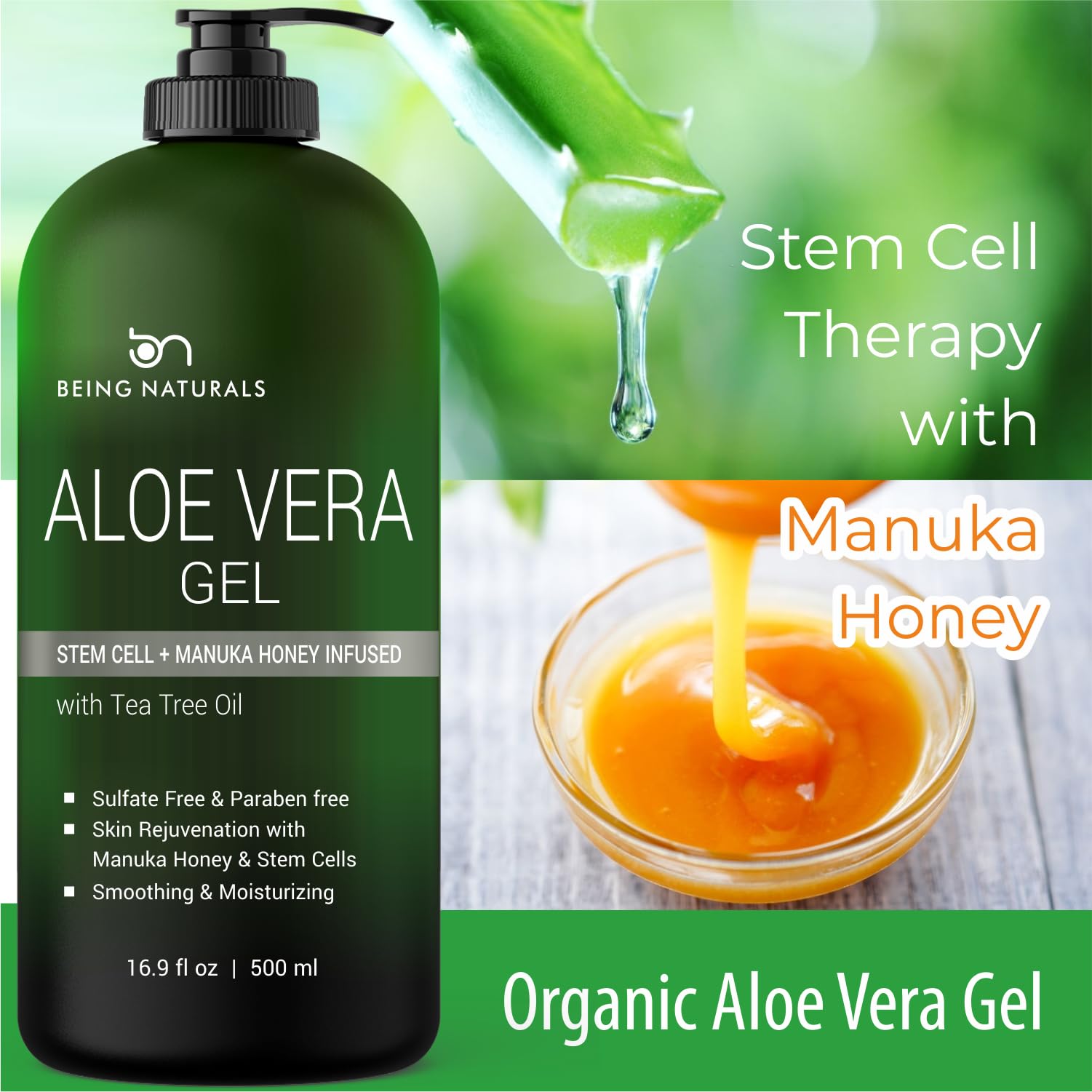 Being Naturals Aloe Vera Gel – 100% Pure Organic Aloe, Manuka Honey, Stem Cells, Tea Tree Oil | 16.9 oz