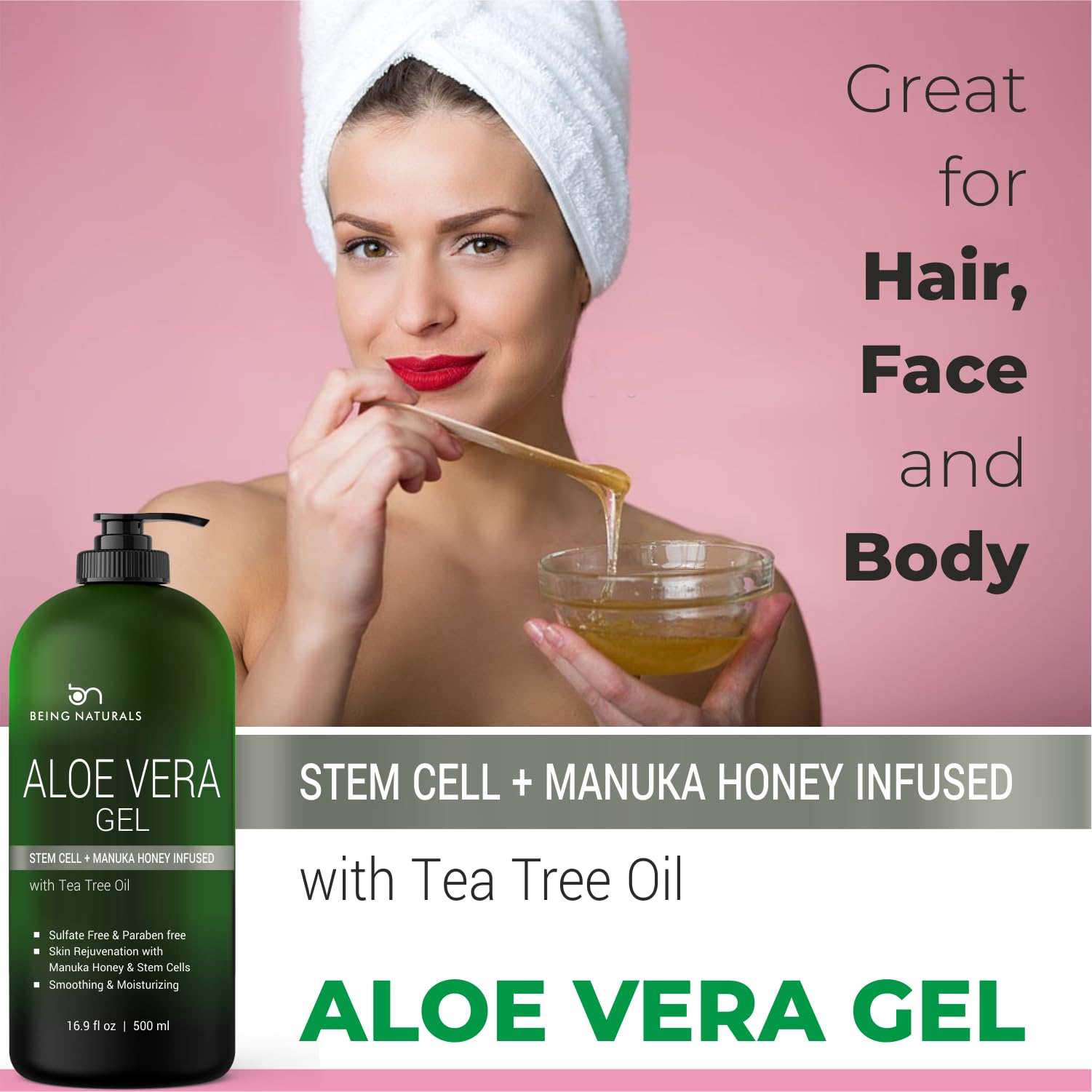 Being Naturals Aloe Vera Gel – 100% Pure Organic Aloe, Manuka Honey, Stem Cells, Tea Tree Oil | 16.9 oz