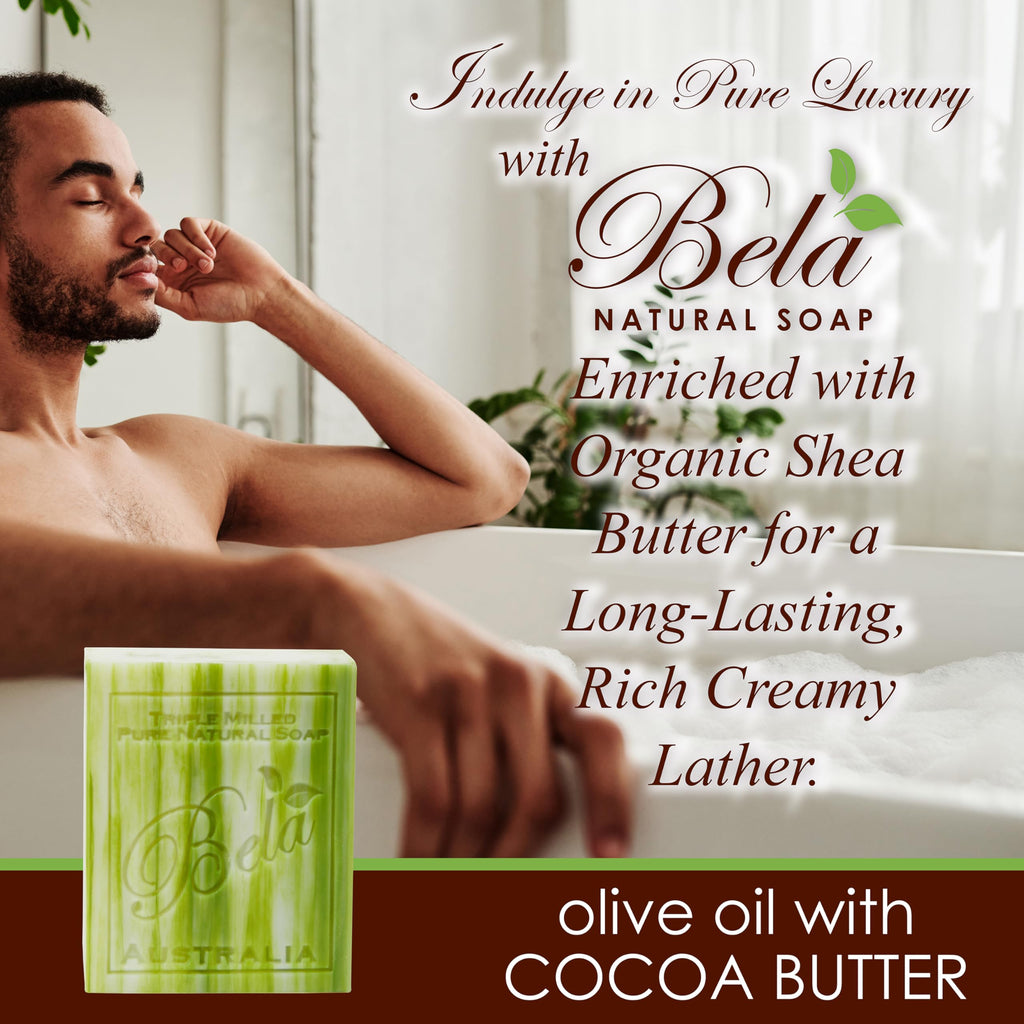 BELA Olive Oil & Cocoa Butter Soap – 3.3 oz, Pack of 6 | French Triple Milled, Organic Shea Butter, Made in Australia