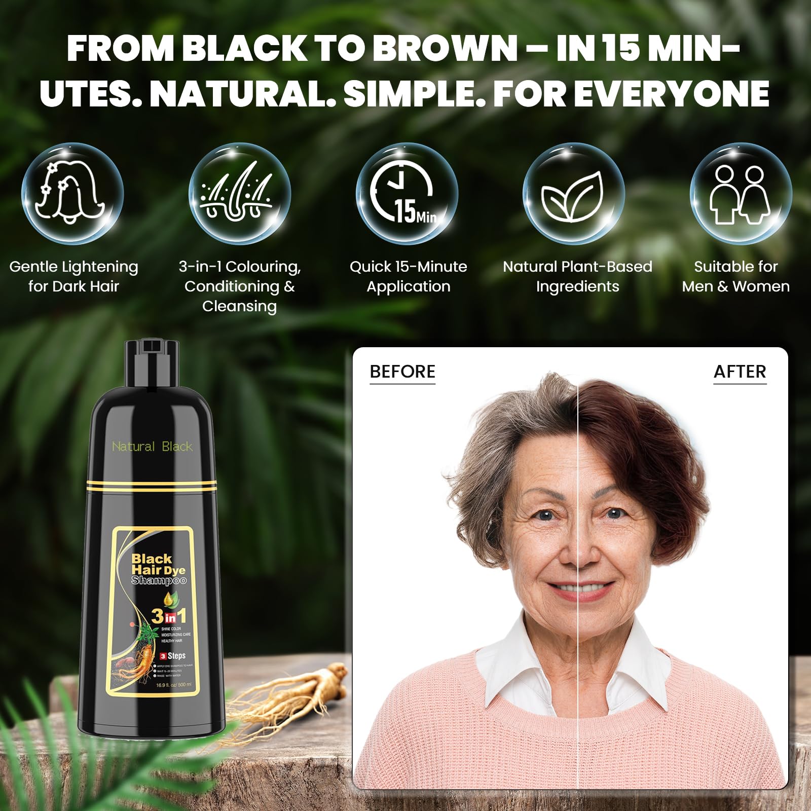 BELEZALIB Instant Black Hair Dye Shampoo - 100% Gray Coverage | 3-in-1 Natural Plant Color, 16.9 fl oz