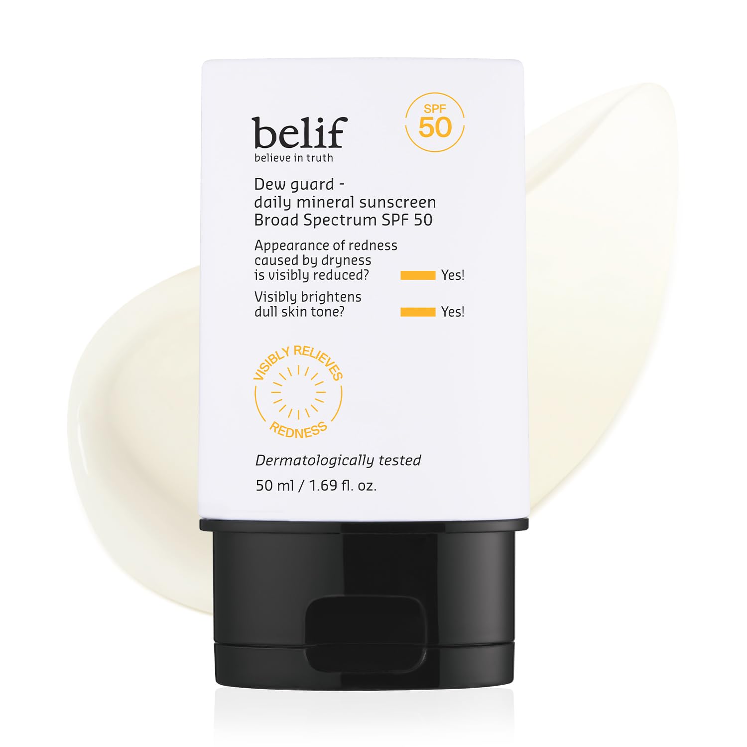 belif Dew Guard SPF 50 Mineral Sunscreen with Niacinamide & Hyaluronic Acid — Hydrating, Non-Greasy, No White Cast