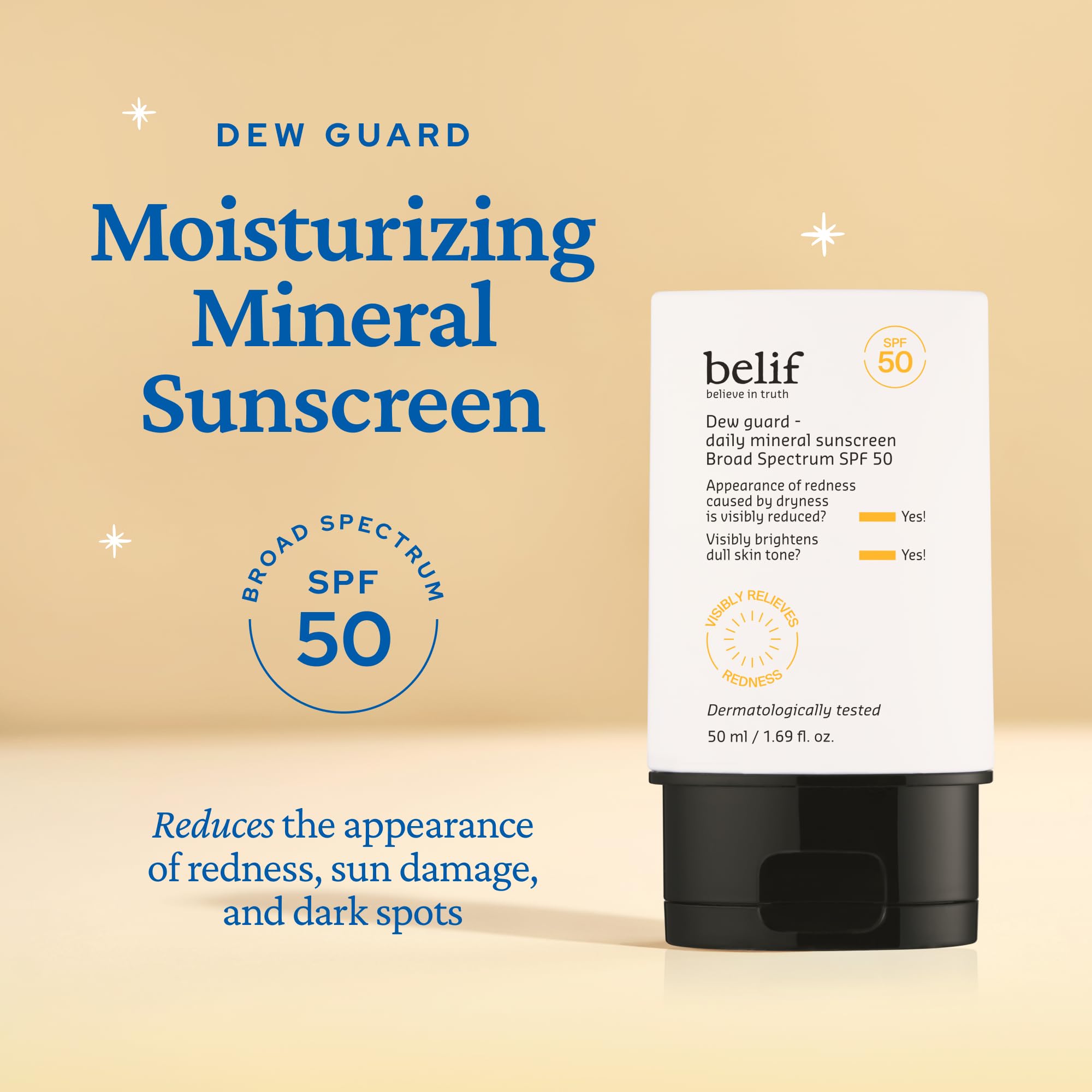 belif Dew Guard SPF 50 Mineral Sunscreen with Niacinamide & Hyaluronic Acid — Hydrating, Non-Greasy, No White Cast