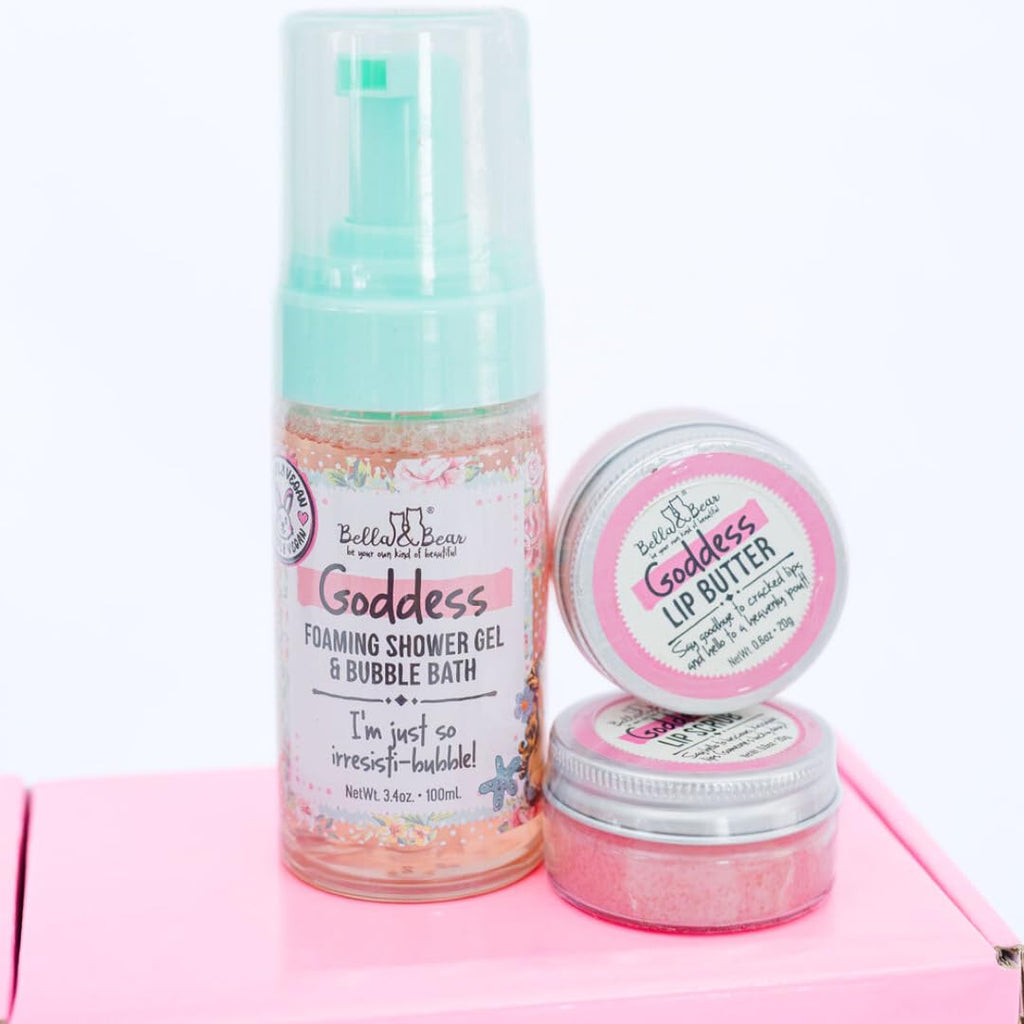 Bella & Bear Goddess Mini Gift Set — 2-in-1 Shower Gel, Bubble Bath, Lip Scrub & Lip Butter