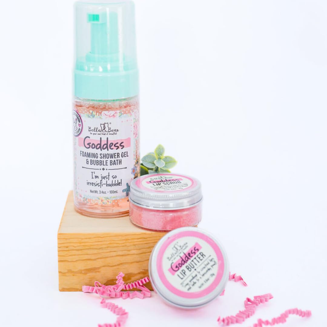 Bella & Bear Goddess Mini Gift Set — 2-in-1 Shower Gel, Bubble Bath, Lip Scrub & Lip Butter