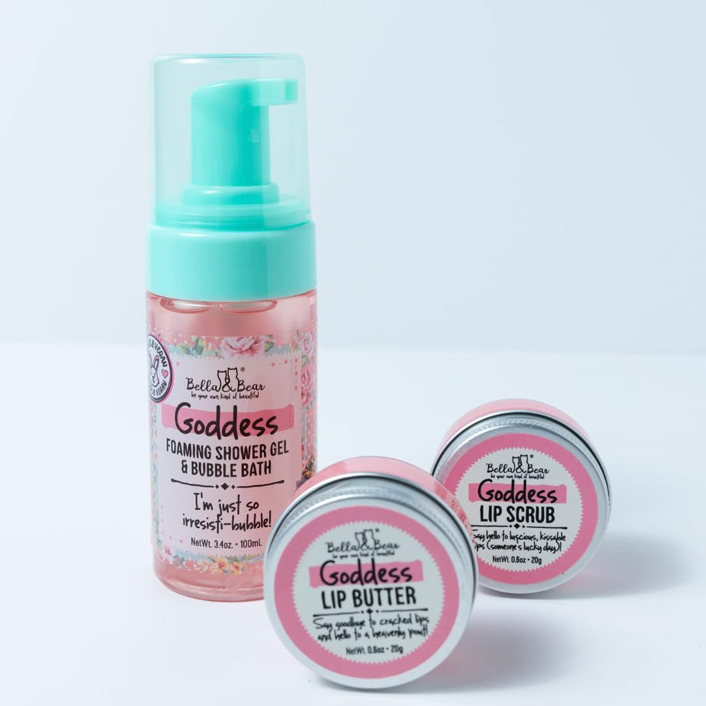 Bella & Bear Goddess Mini Gift Set — 2-in-1 Shower Gel, Bubble Bath, Lip Scrub & Lip Butter