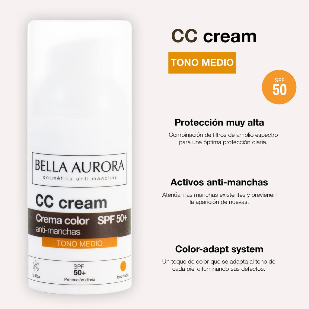 Bella Aurora CC Cream Medium Shade SPF50+ 30ml – Color-Adapt Tint & Broad Spectrum Protection