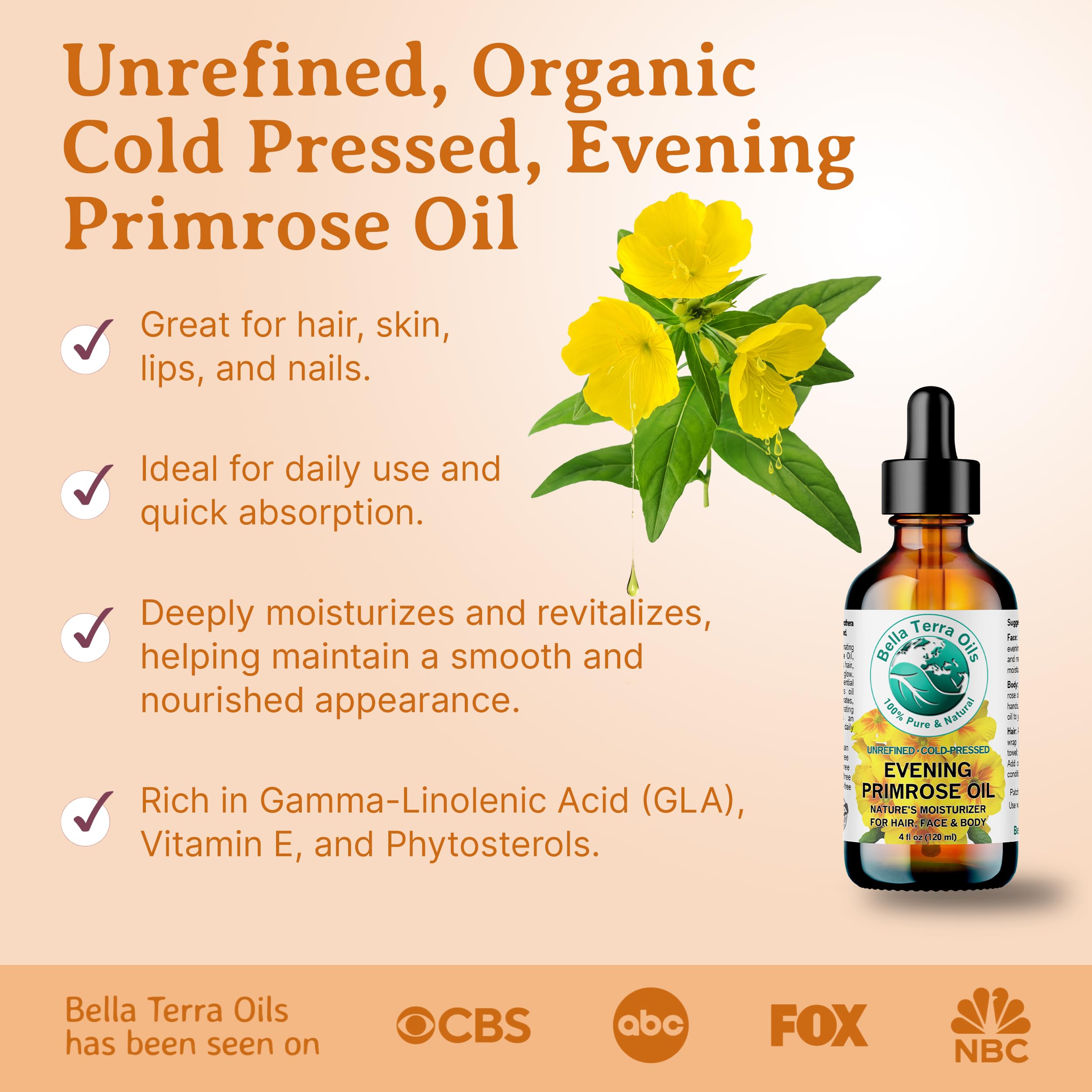 Bella Terra Oils Organic Evening Primrose Oil 8 oz | Cold-Pressed Seed-to-Bottle Purity