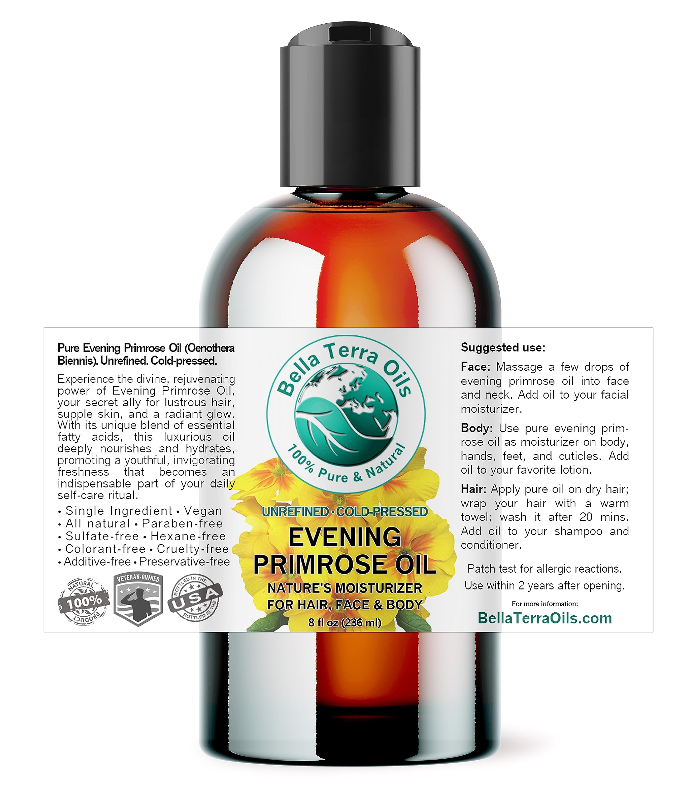Bella Terra Oils Organic Evening Primrose Oil 8 oz | Cold-Pressed Seed-to-Bottle Purity