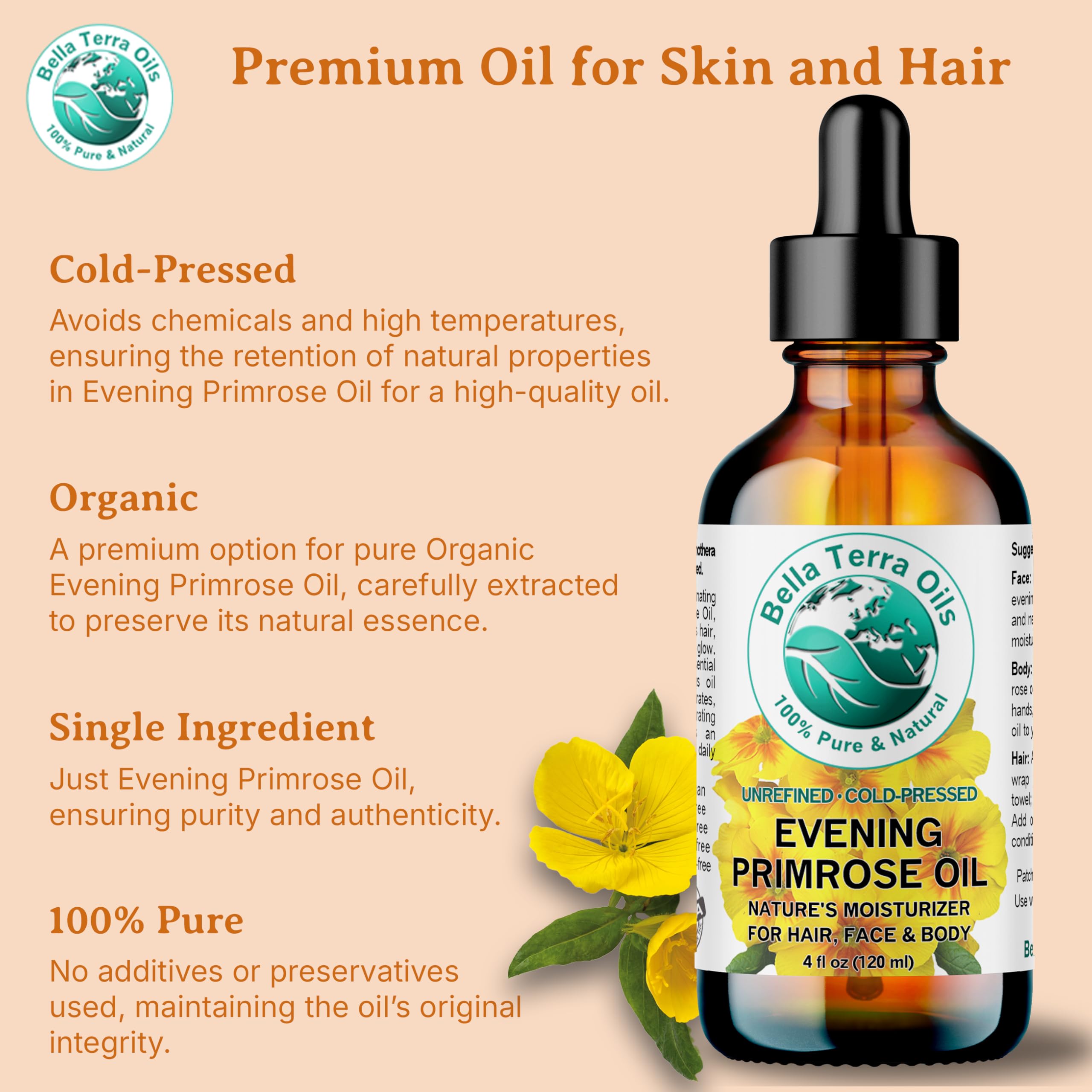 Bella Terra Oils Organic Evening Primrose Oil 8 oz | Cold-Pressed Seed-to-Bottle Purity