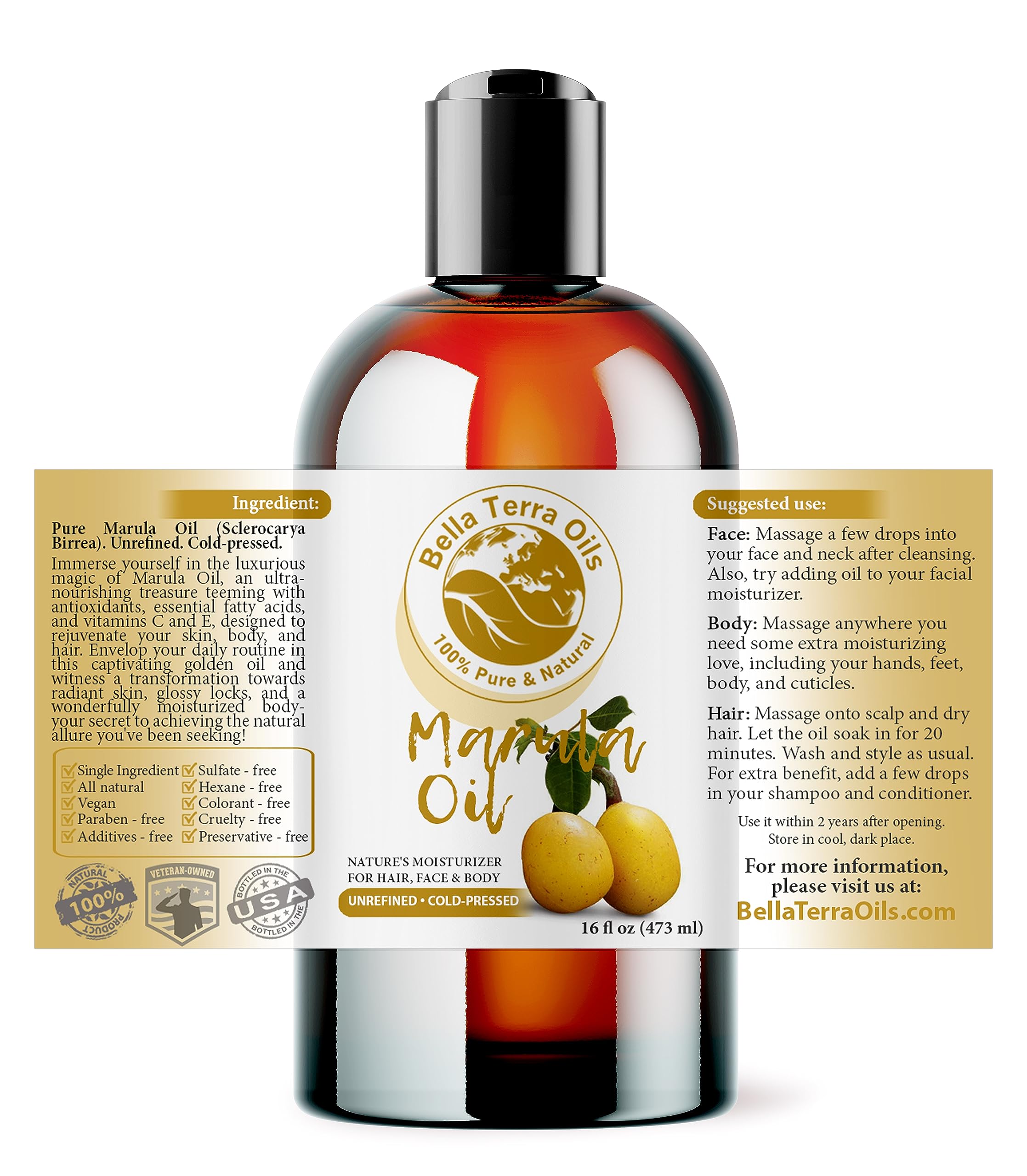Bella Terra Oils Marula Facial Oil 16oz – Radiant Skin & Hair, Rich in Flavonoids & Minerals