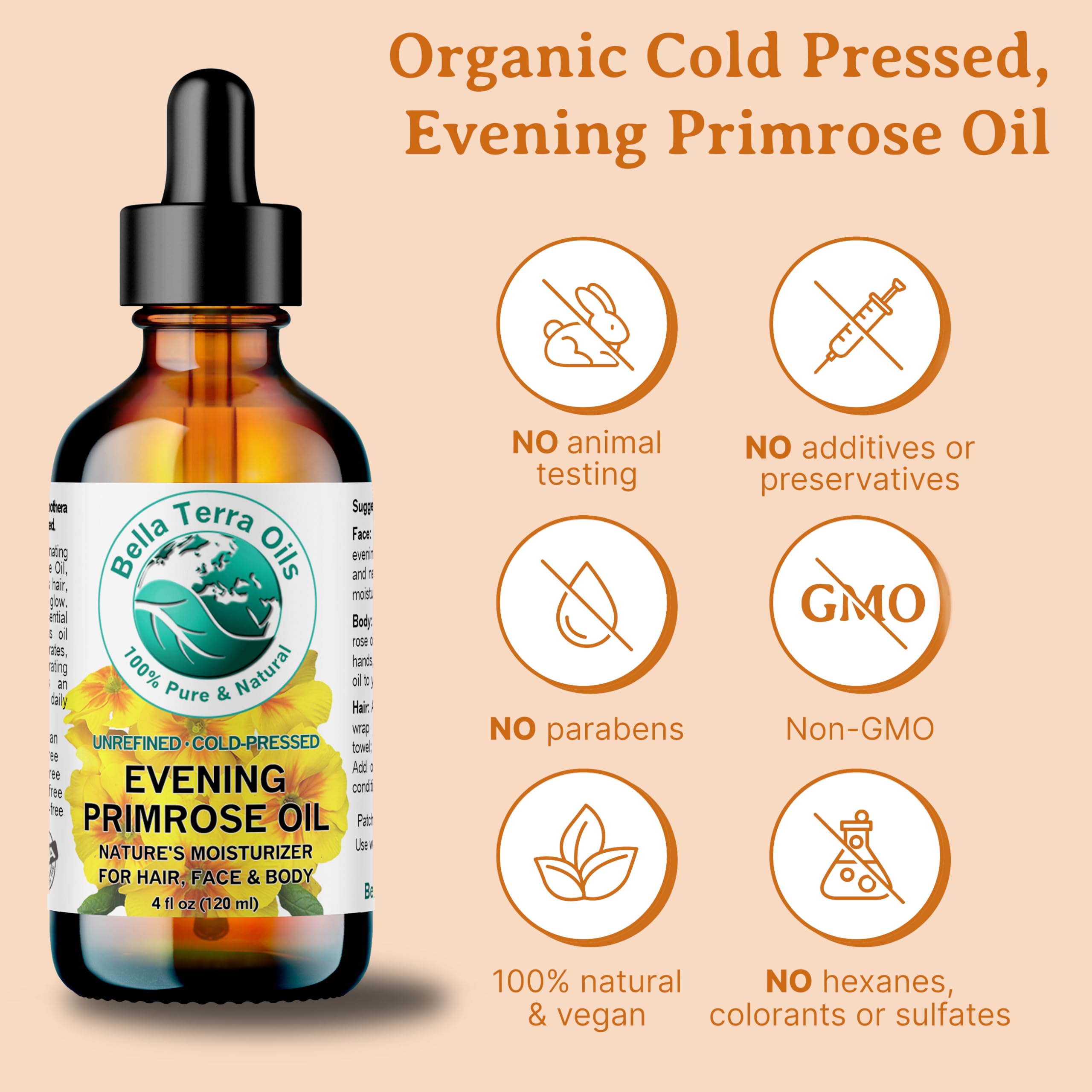 Bella Terra Oils Organic Evening Primrose Oil 8 oz | Cold-Pressed Seed-to-Bottle Purity