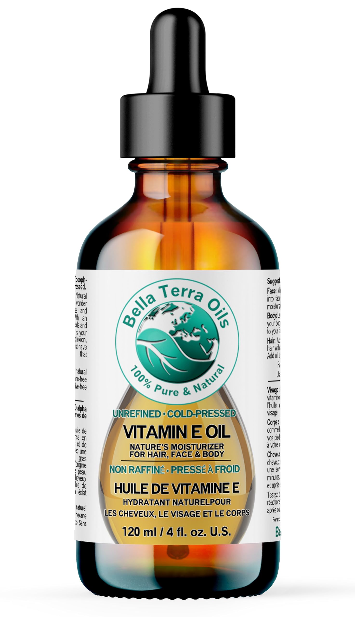 Bella Terra Oils Organic Vitamin E Oil 4 oz — D-Alpha Tocopherol Rich for Face & Body
