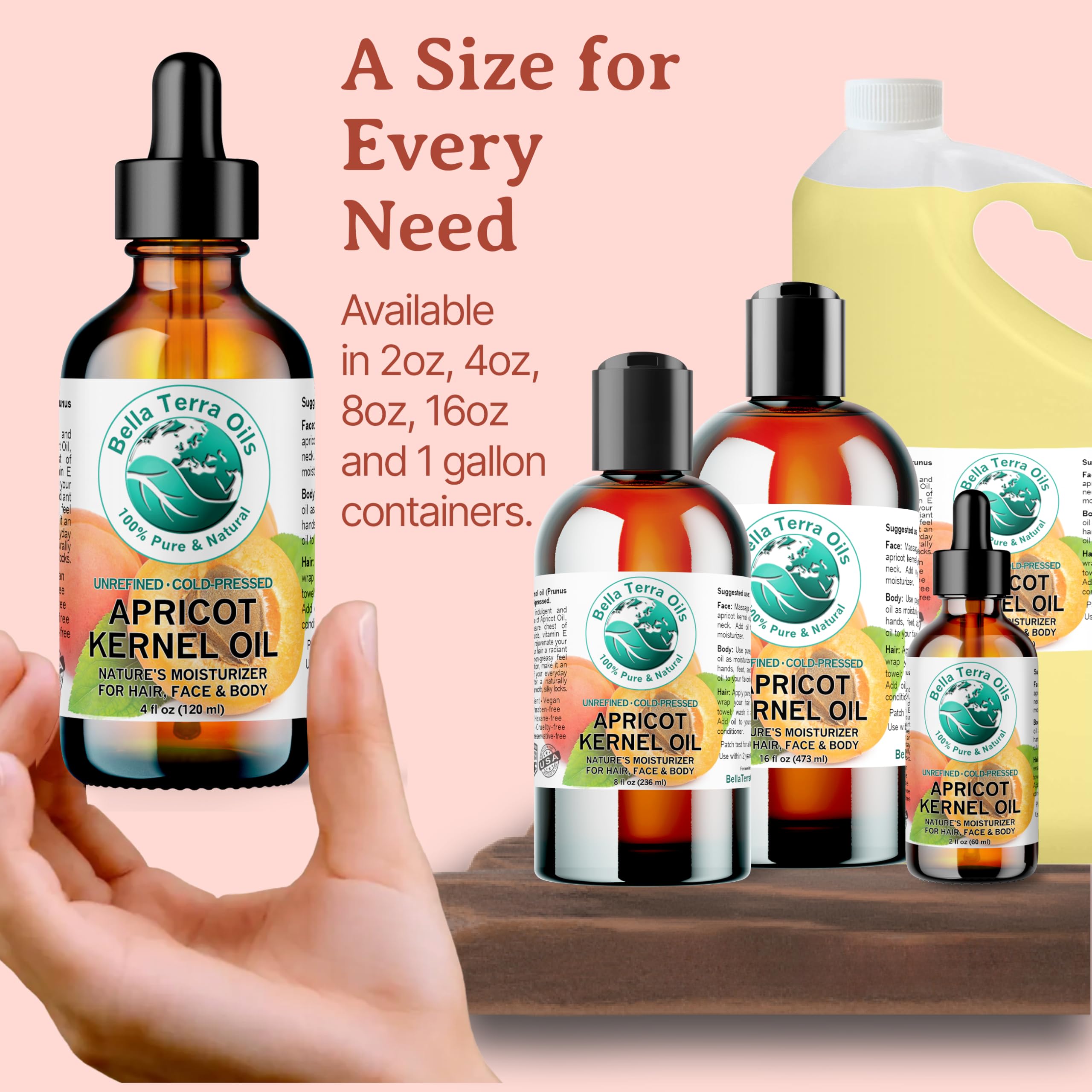 Bella Terra Oils - Organic Apricot Kernel Oil 16 oz | Cold-Pressed Carrier Oil for Skincare & Essential Oils
