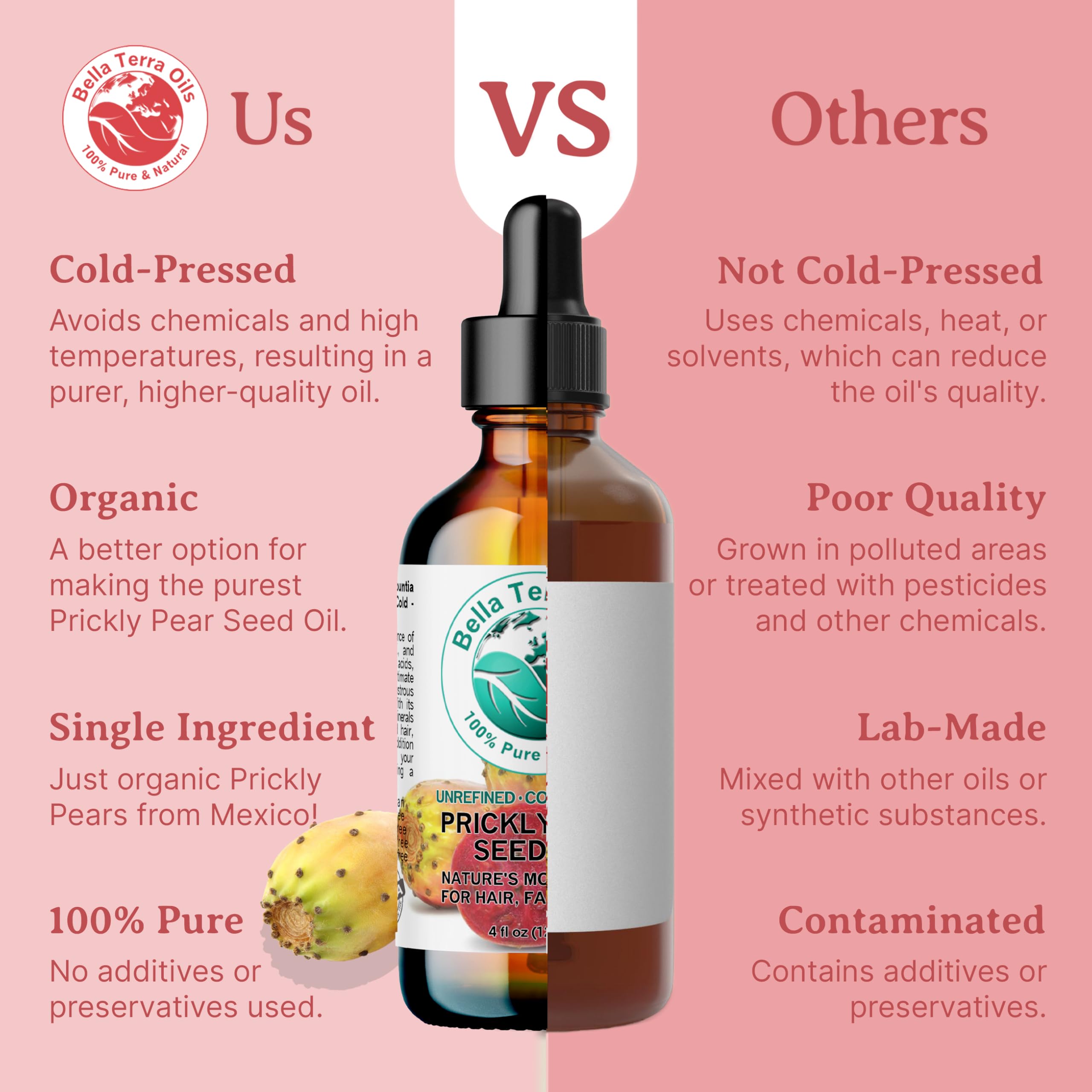 Bella Terra Oils Prickly Pear Seed Oil 2 oz – Cold-Pressed, Vitamin E & Linoleic Rich