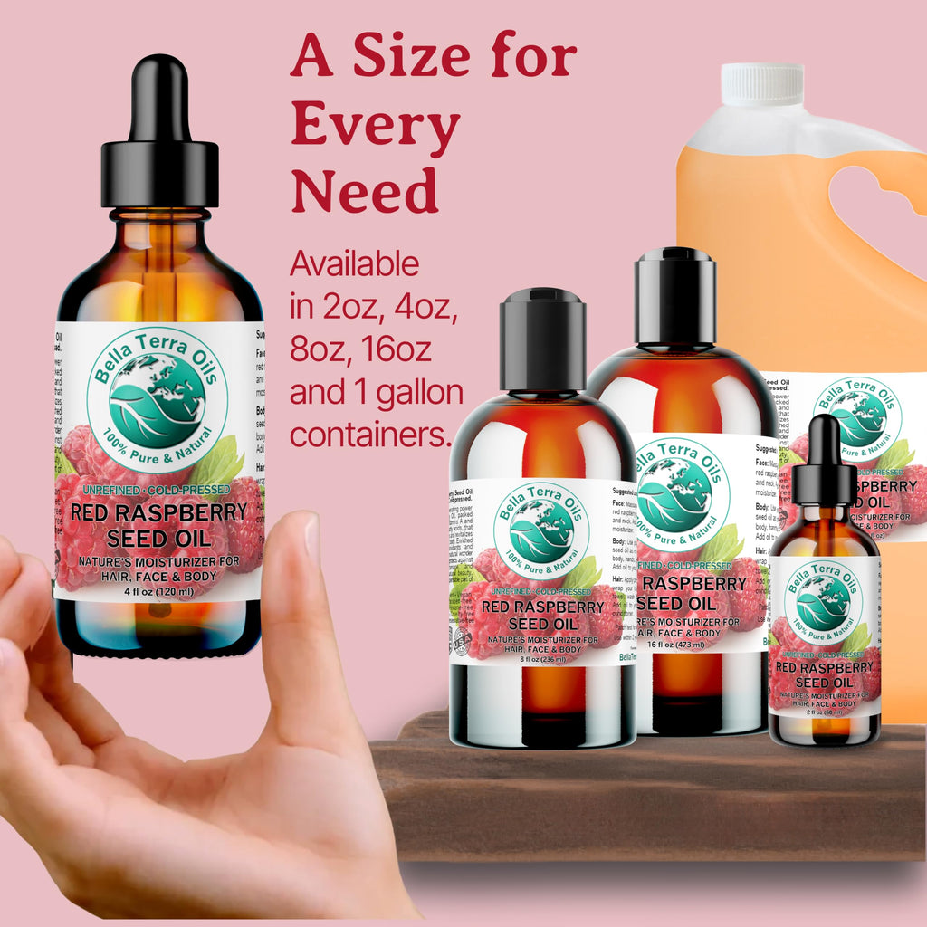 Bella Terra Oils Red Raspberry Seed Oil 8 oz — Cold-Pressed Omega-3, 6 & 9 for Radiant Skin