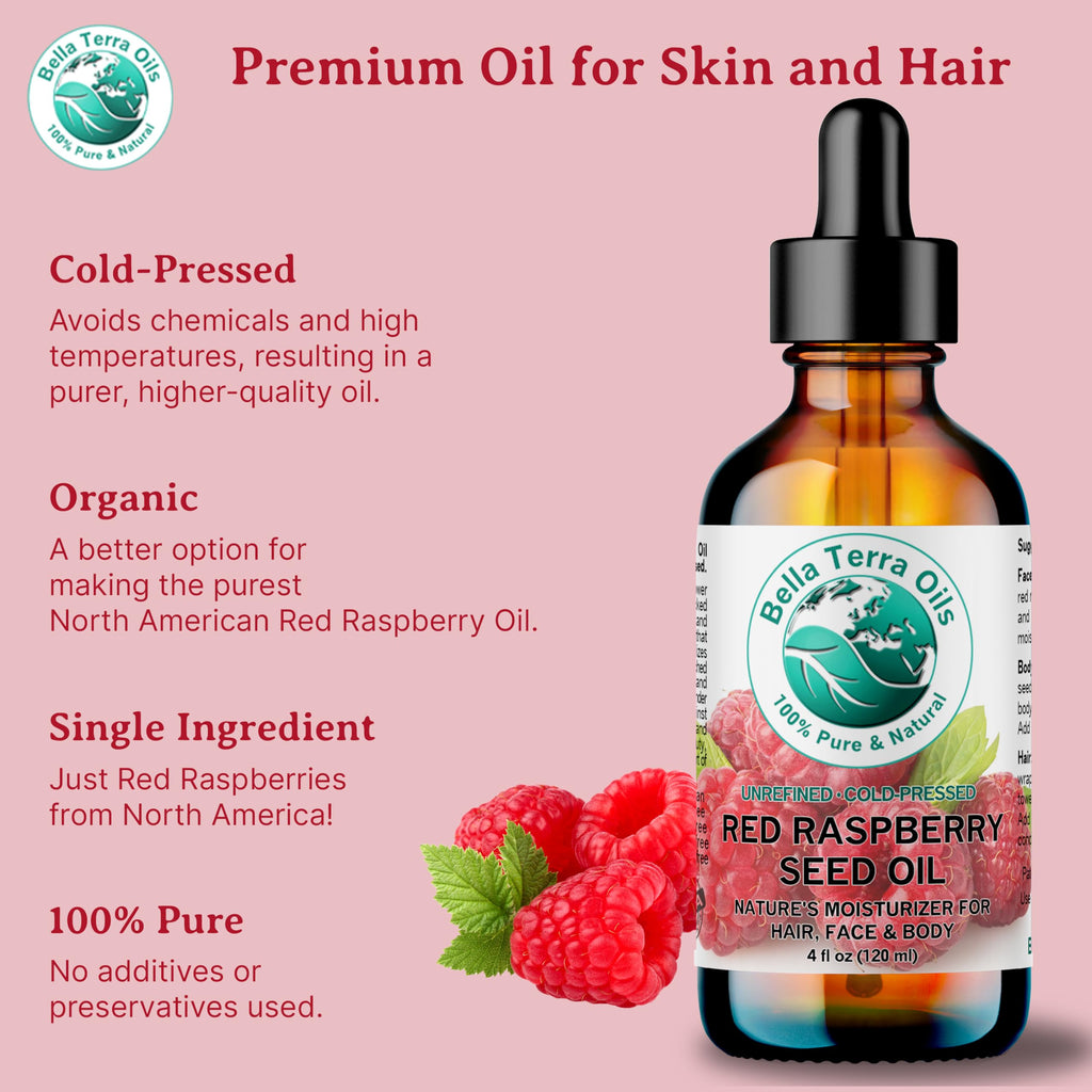 Bella Terra Oils Red Raspberry Seed Oil 8 oz — Cold-Pressed Omega-3, 6 & 9 for Radiant Skin