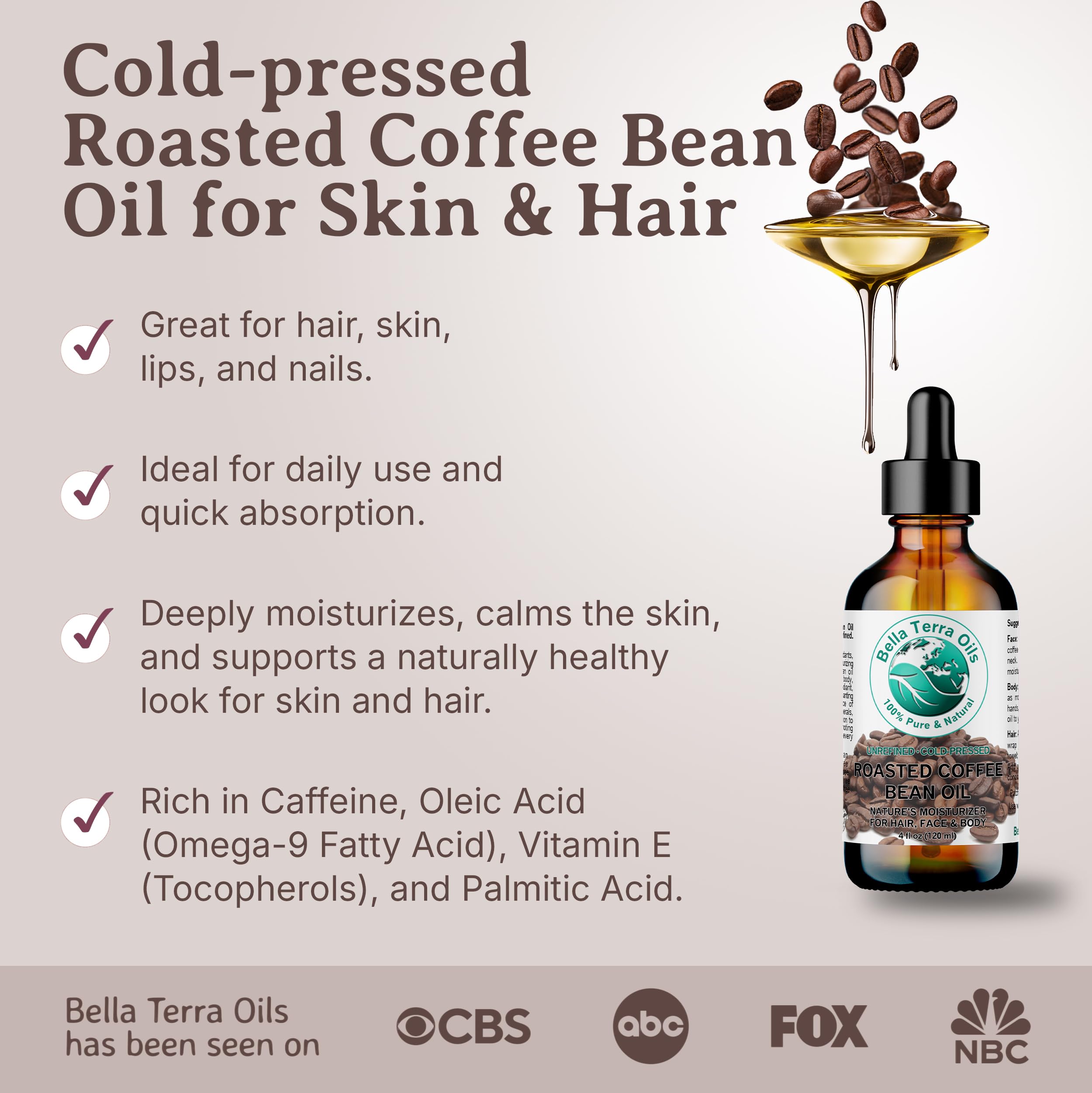 Bella Terra Oils Roasted Coffee Bean Oil – 4 oz | Luxurious Coffee Extract with Essential Fatty Acids