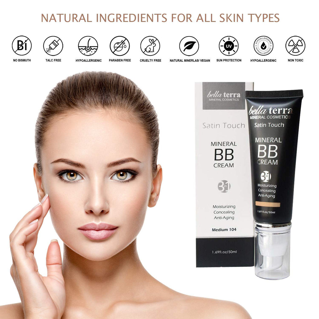 Bellaterra Cosmetics BB Cream Medium Tan 105 – Mineral Tinted Moisturizer & Matte Foundation, Oil-Free, Buildable Coverage, Clean Beauty 1.69 oz