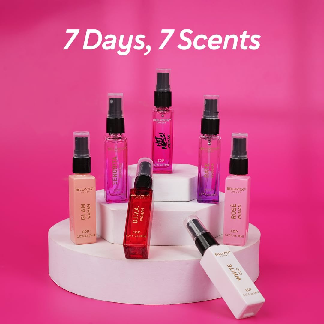 BellaVita Luxury Discovery Set – 7x8ml Women’s Perfumes: Rose, Oud & Pepper | Travel-Ready Gift