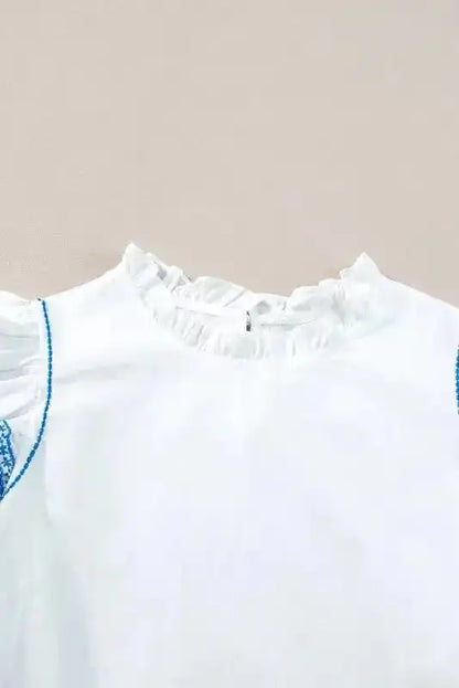 White Embroidered Ruffled Sleeve Frilled Collar Blouse Women UK