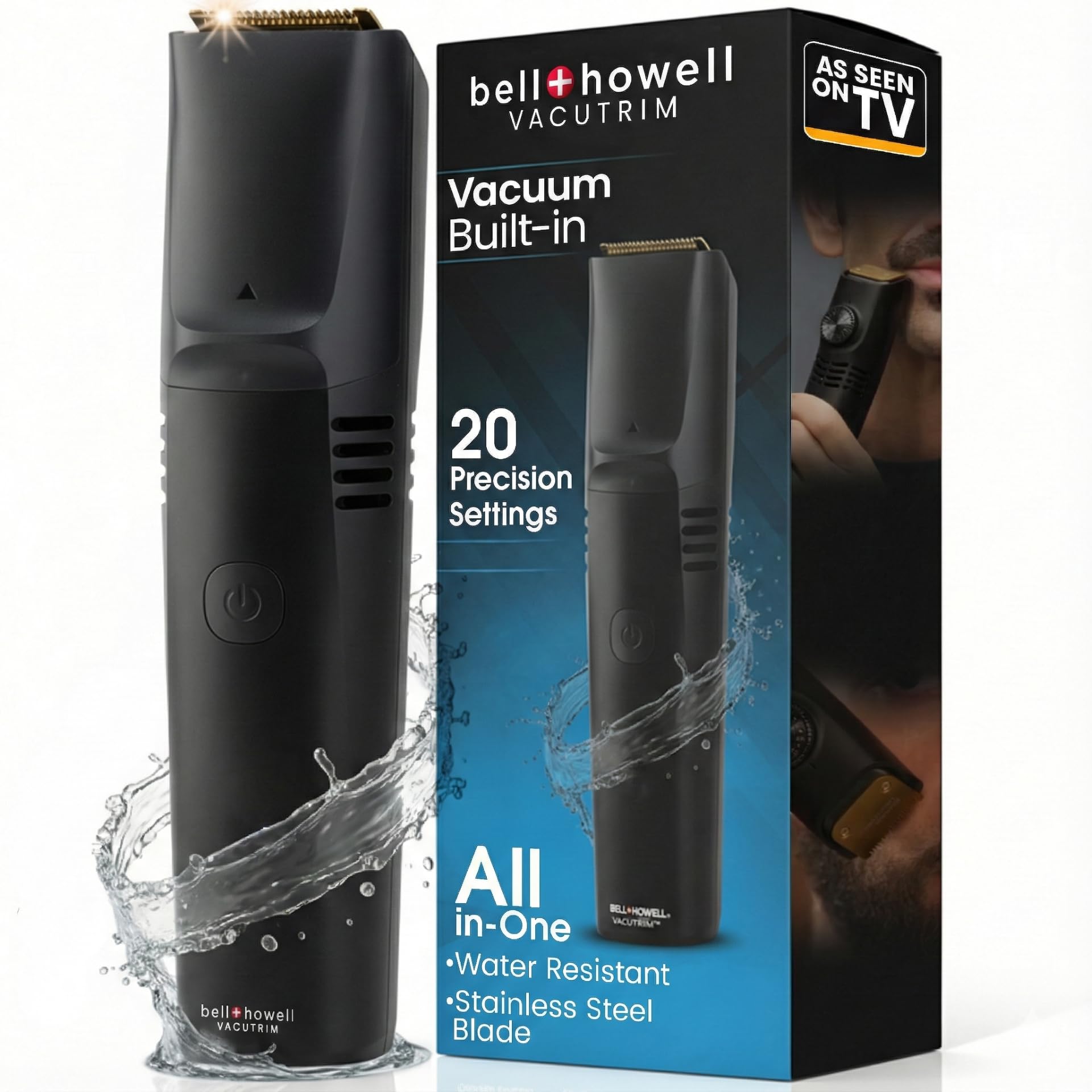 Bell+Howell Vacutrim Cordless Beard Trimmer – Built-In Vacuum, 20-Setting Dial