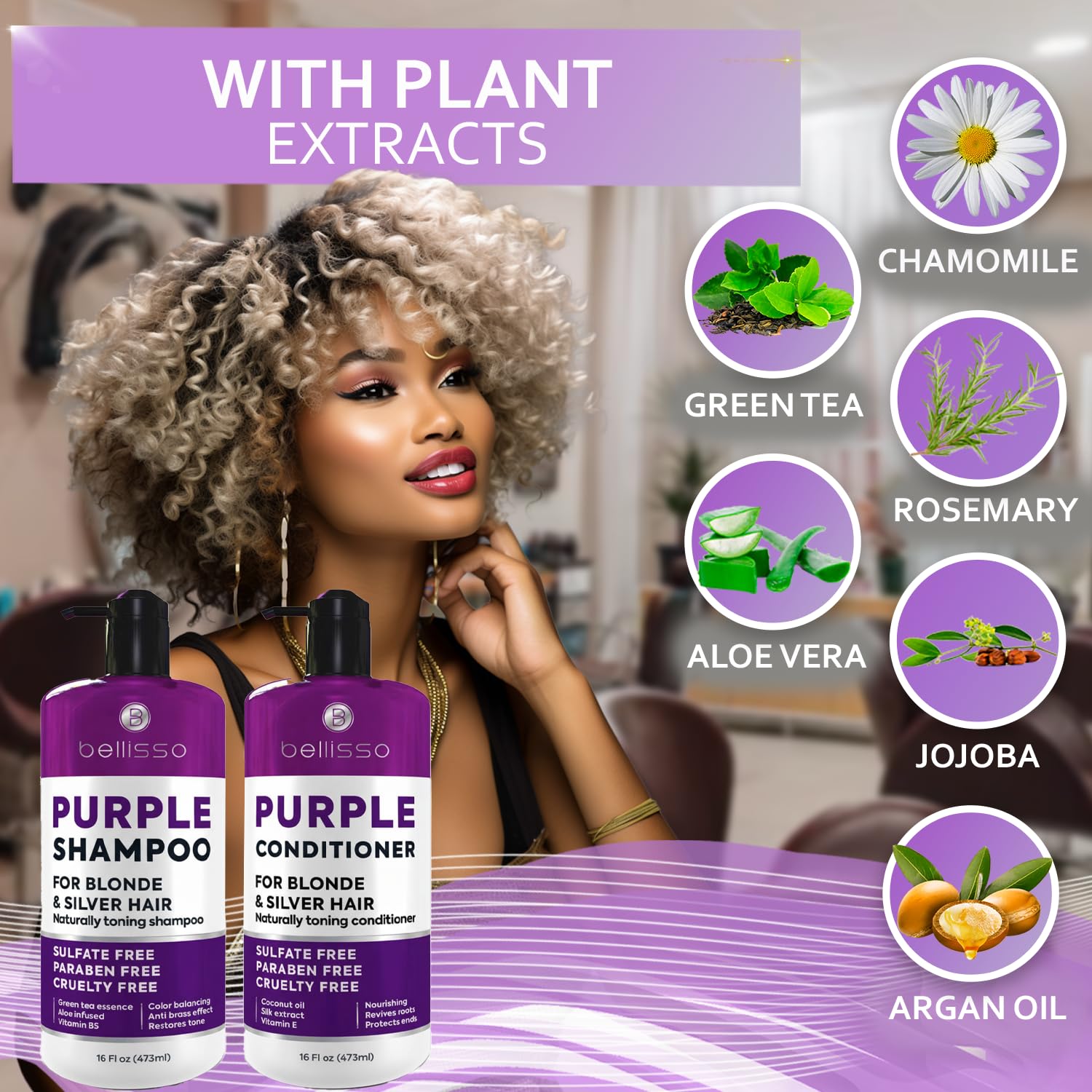 Bellisso Purple Shampoo & Conditioner Set – Toner for Platinum Blonde, Silver, Grey Hair | Sulfate & Paraben Free
