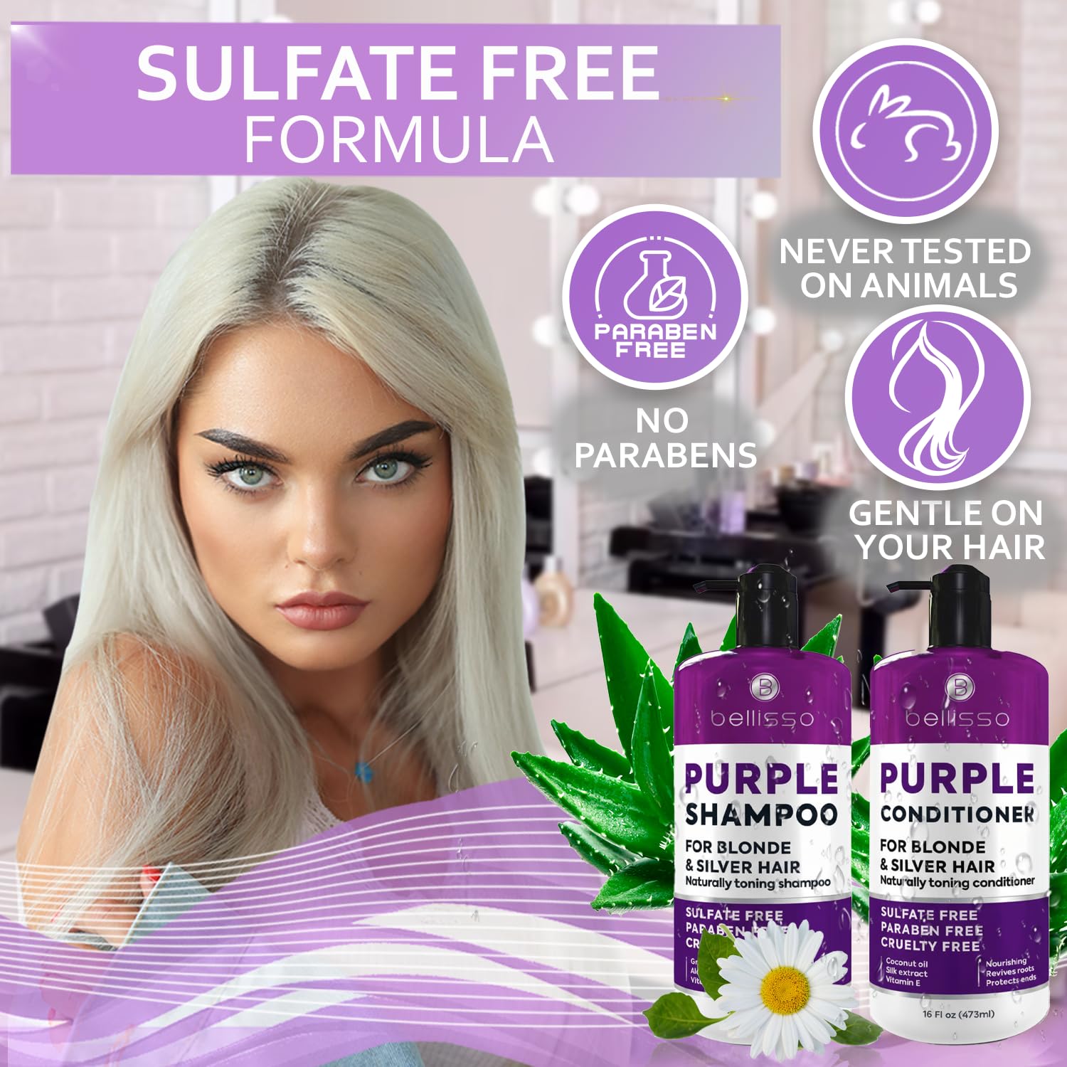 Bellisso Purple Shampoo & Conditioner Set – Toner for Platinum Blonde, Silver, Grey Hair | Sulfate & Paraben Free
