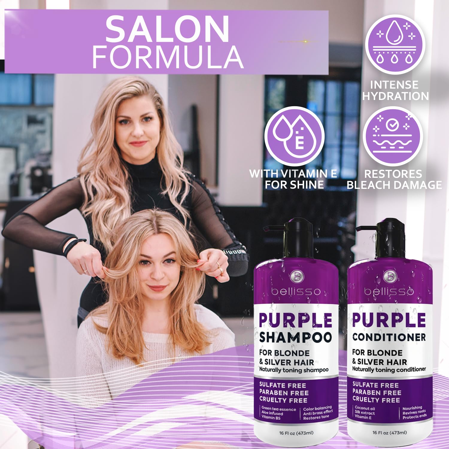 Bellisso Purple Shampoo & Conditioner Set – Toner for Platinum Blonde, Silver, Grey Hair | Sulfate & Paraben Free