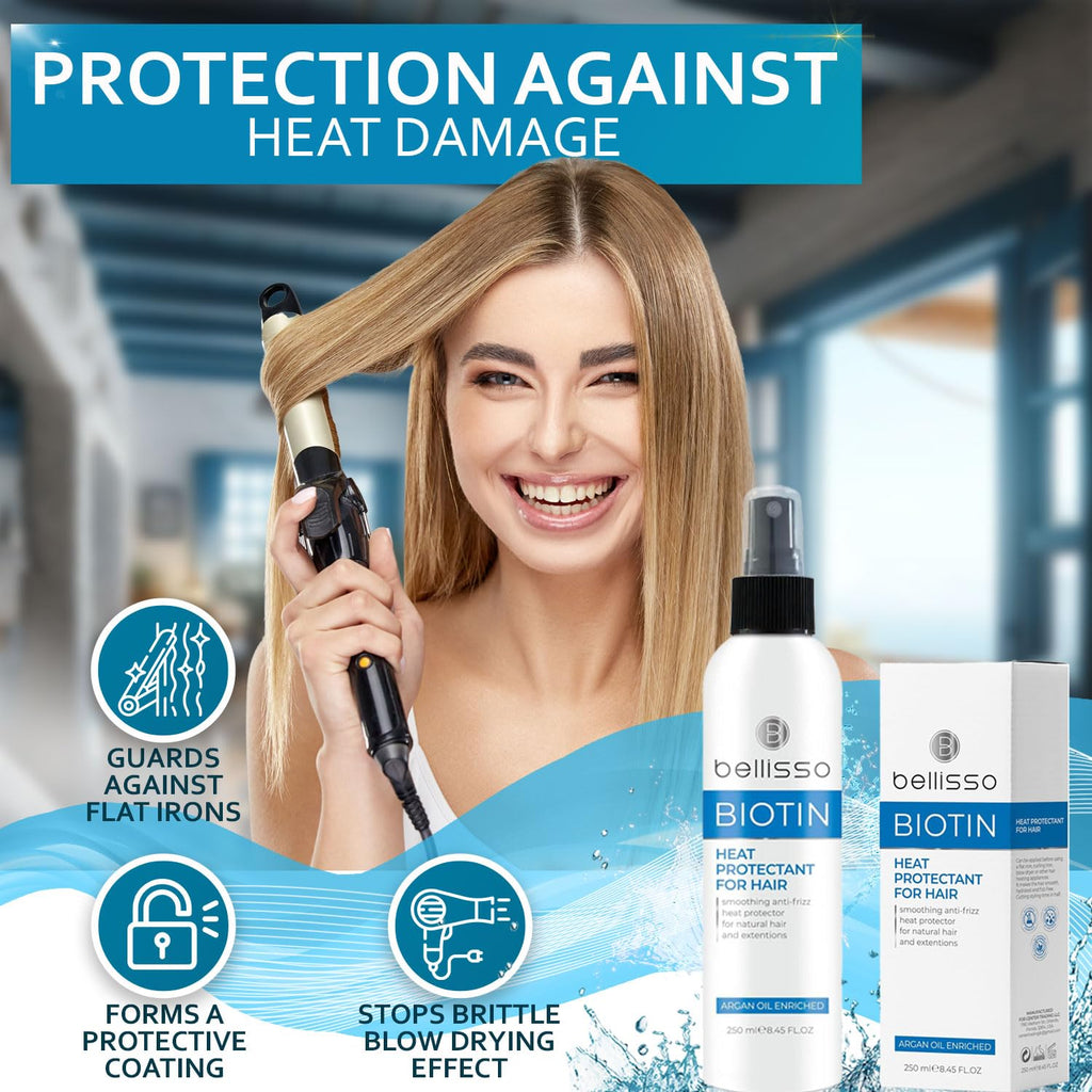 BELLISSO Biotin Heat Protection Hair Spray with Moroccan Argan Oil | Thermal Resistant Leave-In for Frizzy, Black & Curly Hair