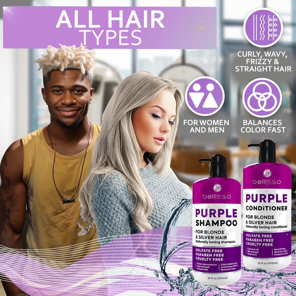Bellisso Purple Shampoo & Conditioner Set – Toner for Platinum Blonde, Silver, Grey Hair | Sulfate & Paraben Free