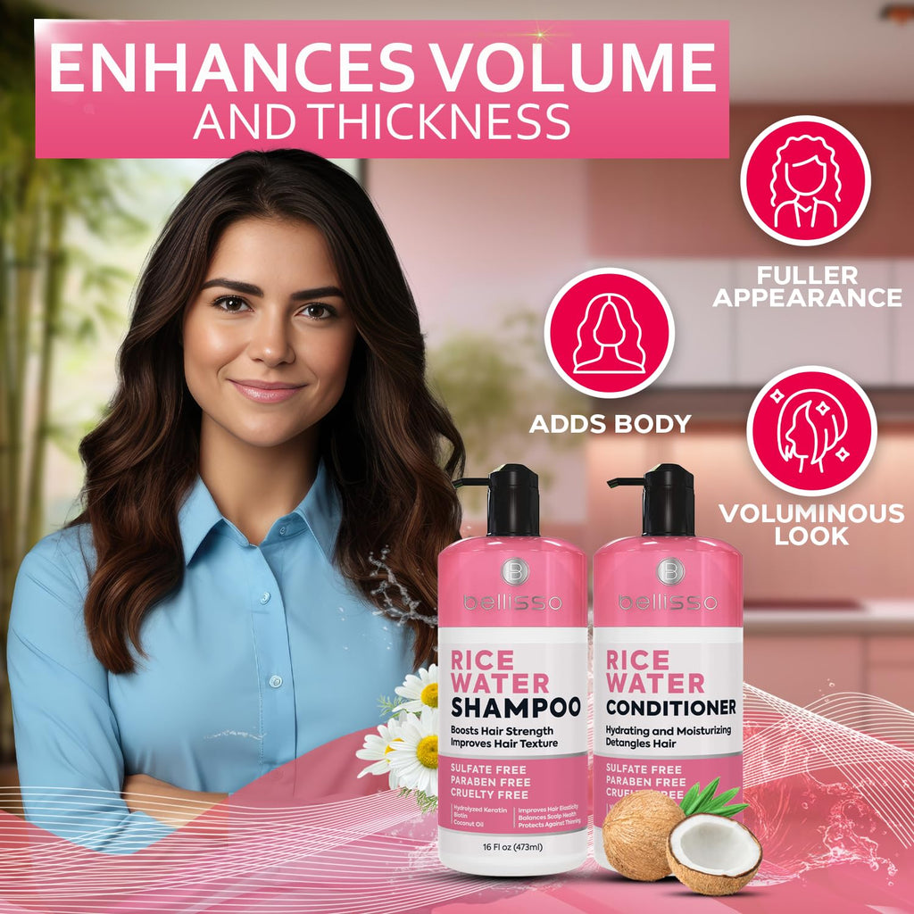 Bellisso Rice Water Shampoo and Conditioner Set – Sulfate Free, Volumizing for Thin Hair