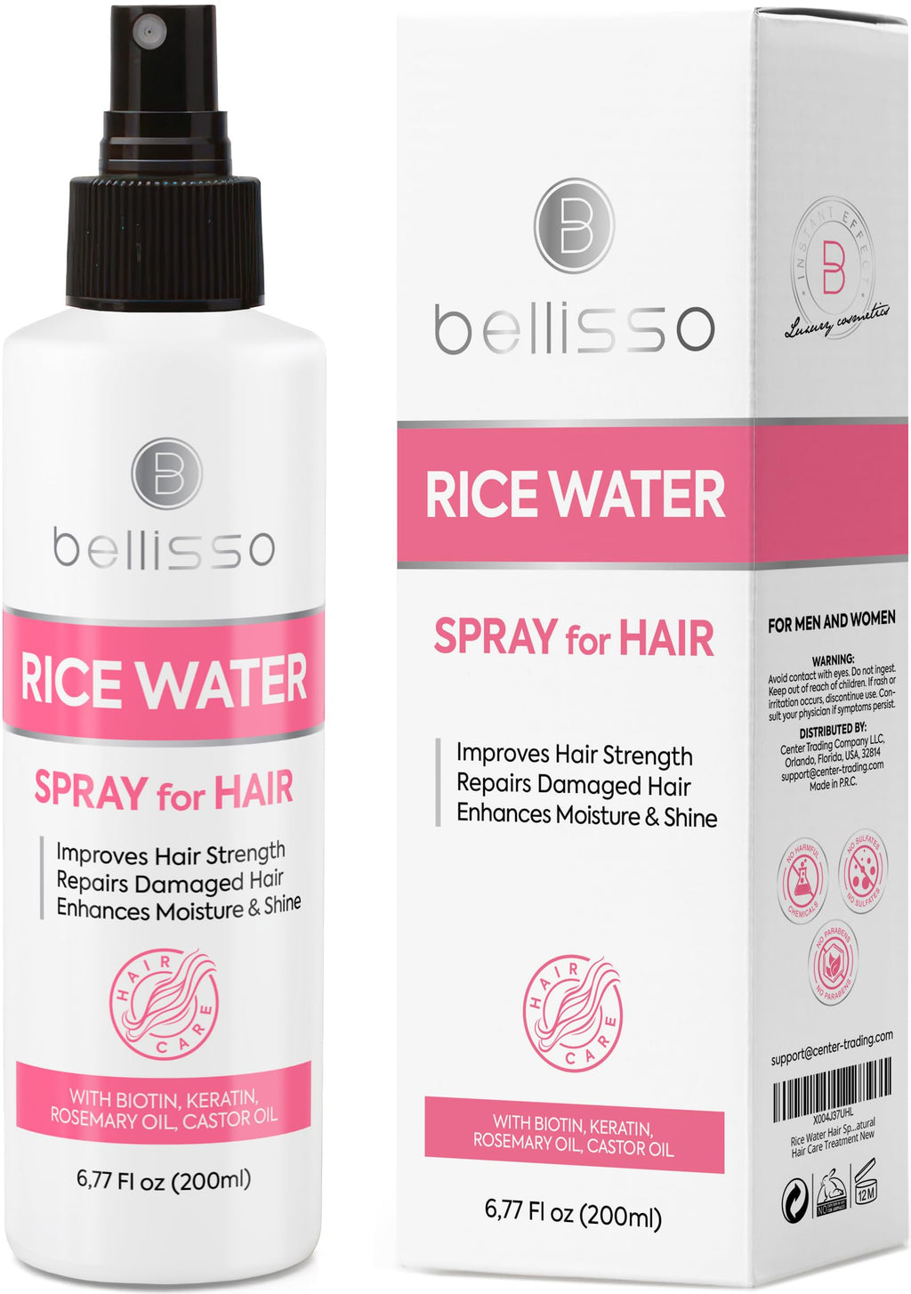 Bellisso Rice Water Spray for Hair – Rosemary, Biotin & Castor Oil – Leave-In Thickening Care