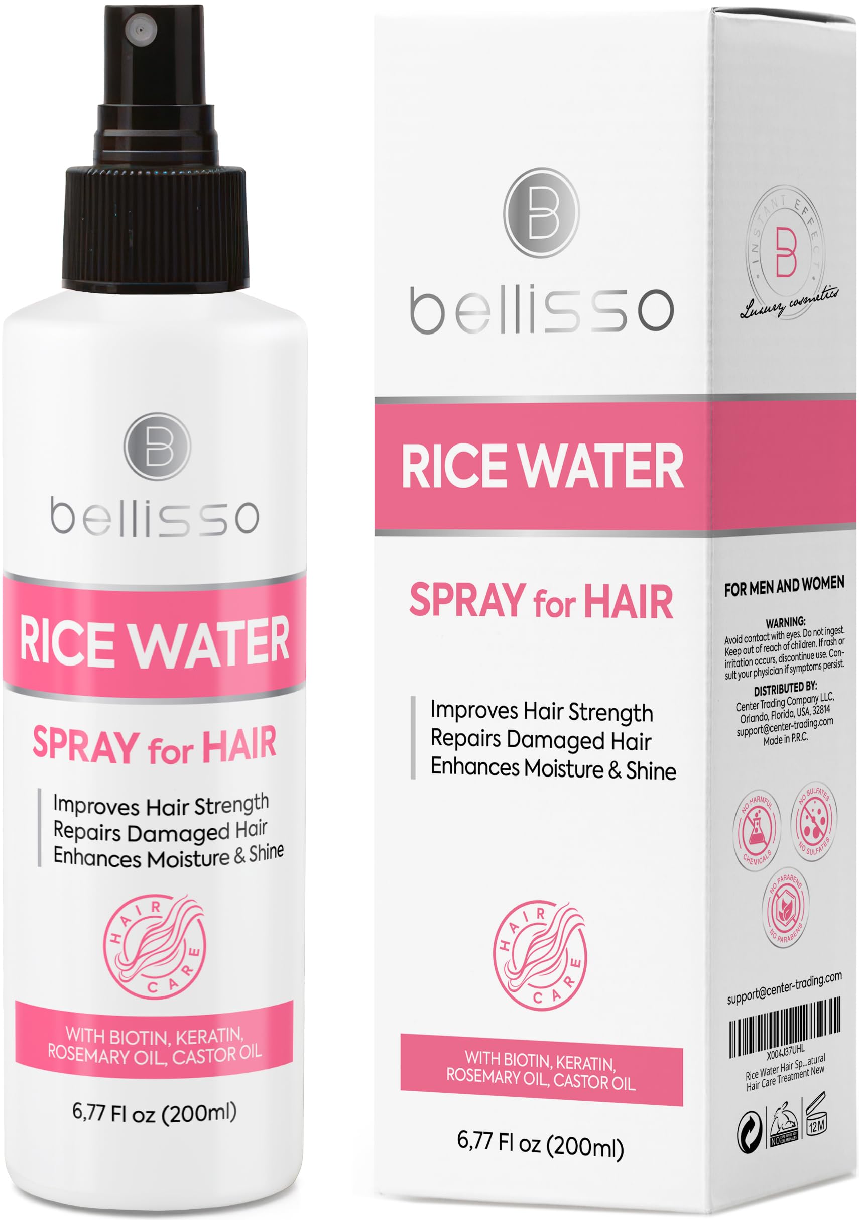 Bellisso Rice Water Spray for Hair – Rosemary, Biotin & Castor Oil – Leave-In Thickening Care