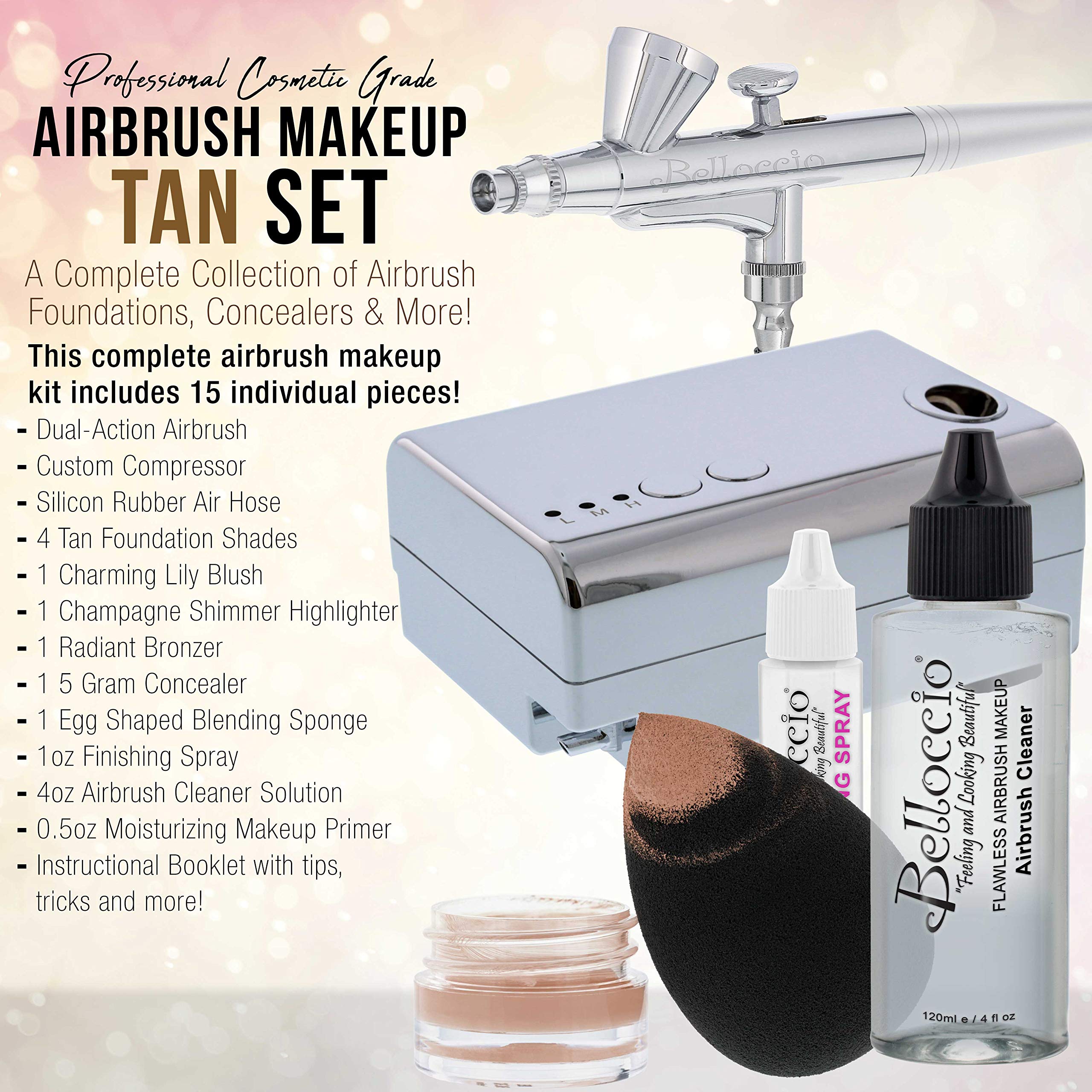 Belloccio Professional Beauty Airbrush System – 4 Tan Foundation Shades + Blush, Bronzer, Highlighter Kit