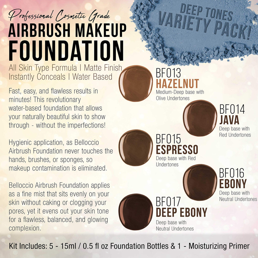 Belloccio Dark Color Shade Airbrush Makeup Foundation Set – 5 × 1/2 oz Pro Shades