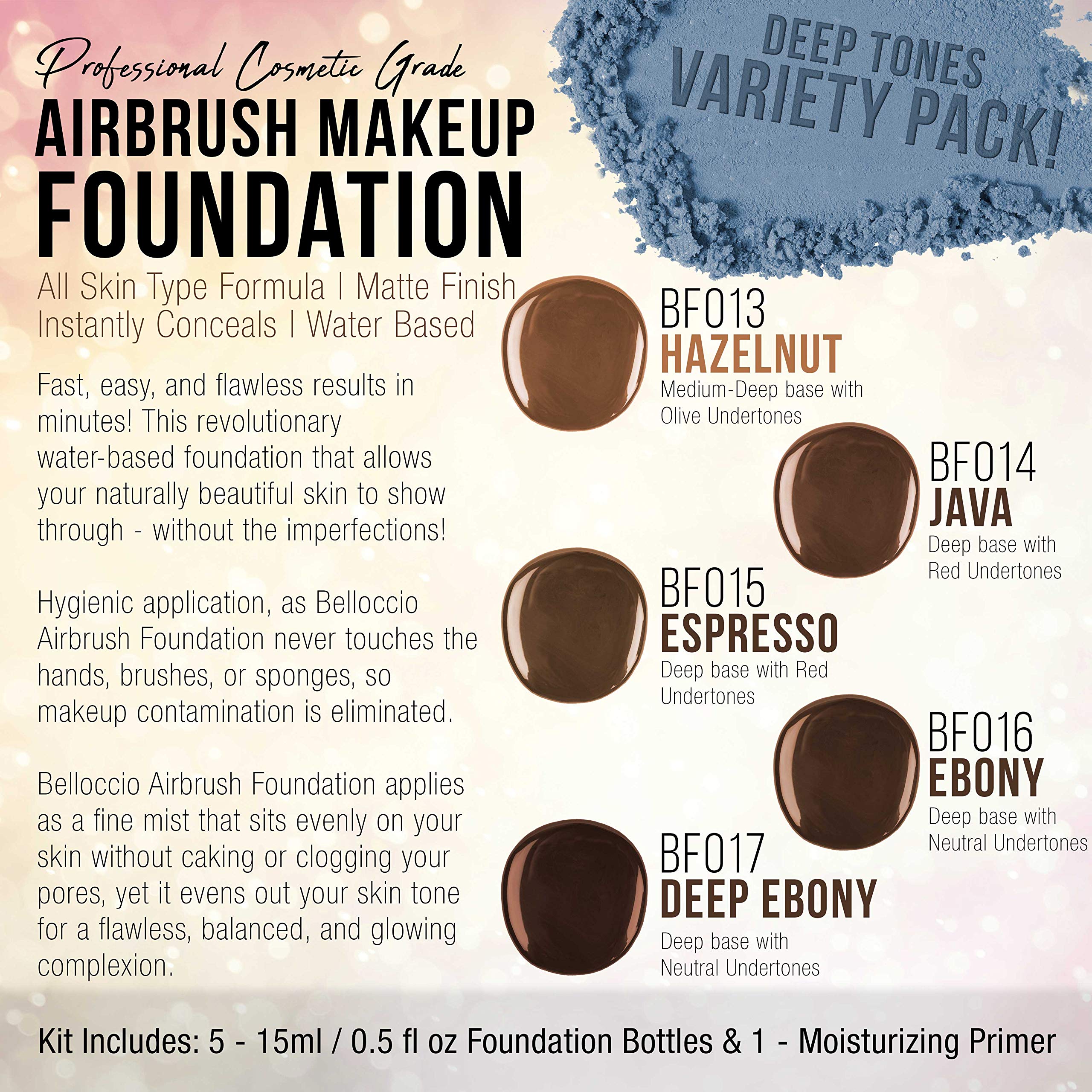 Belloccio Dark Color Shade Airbrush Makeup Foundation Set – 5 × 1/2 oz Pro Shades