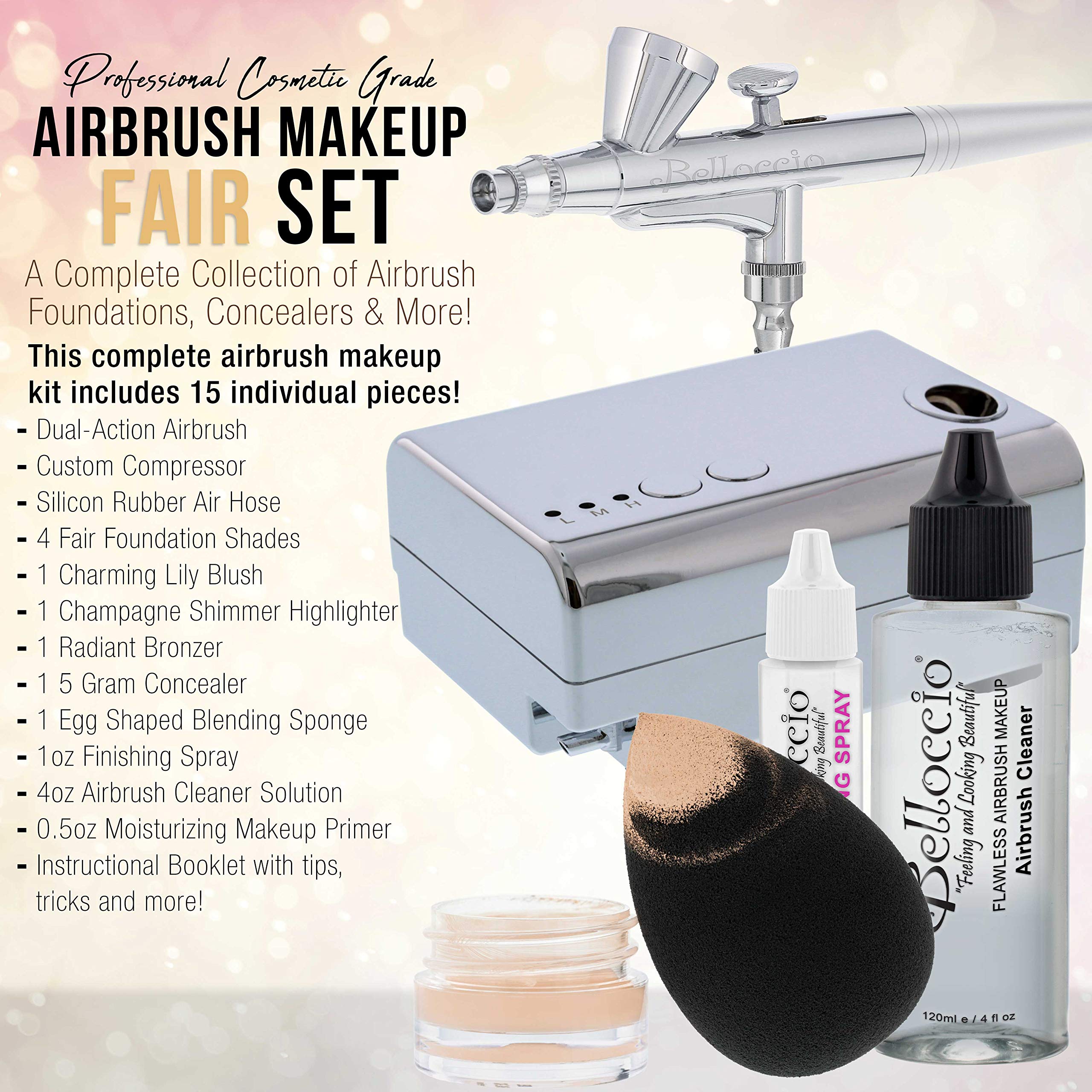 Belloccio Professional Airbrush Makeup System — Four 1/4 oz Foundation Shades + Primer, Blush, Bronzer & Highlighter Kit