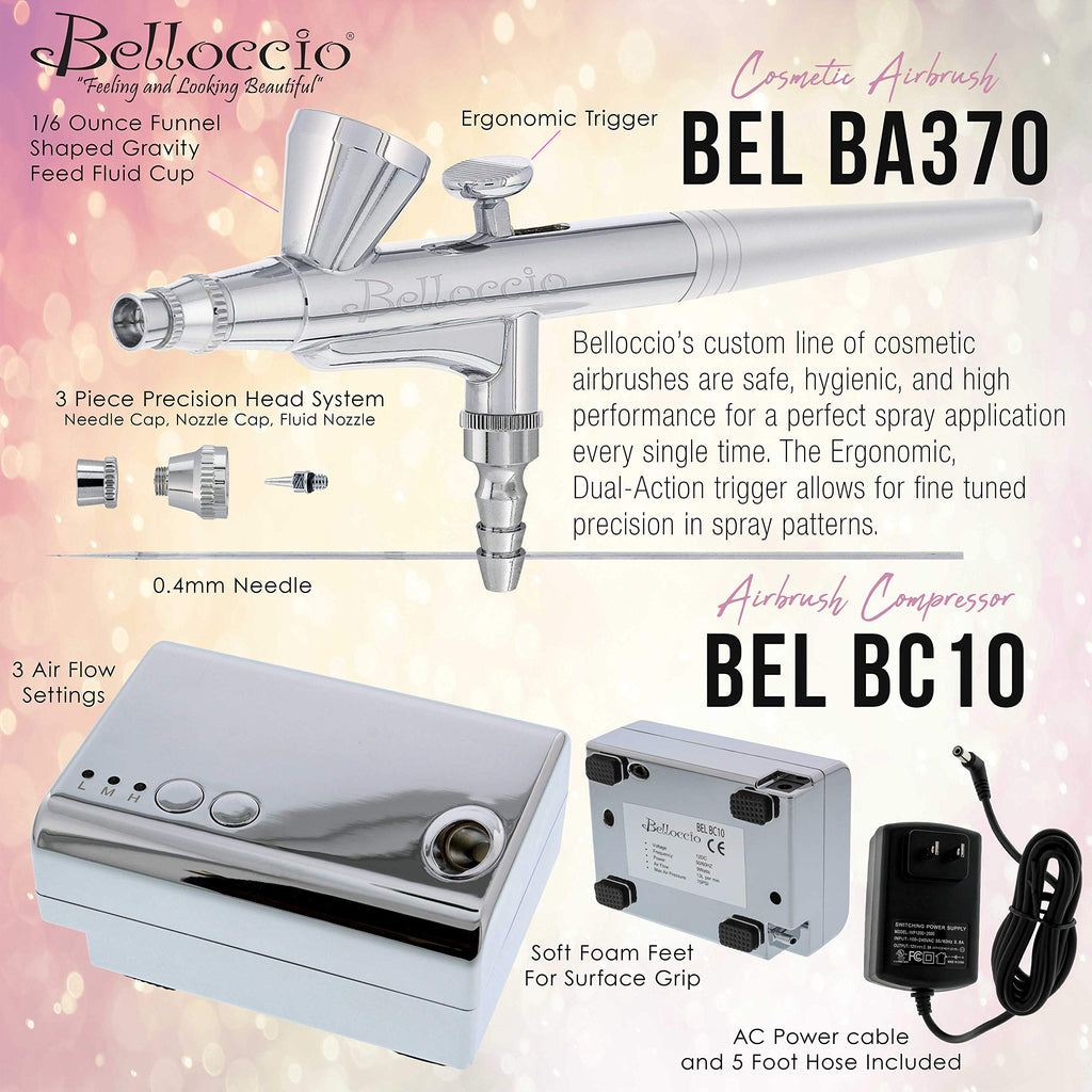 Belloccio Professional Airbrush Makeup System — Four 1/4 oz Foundation Shades + Primer, Blush, Bronzer & Highlighter Kit