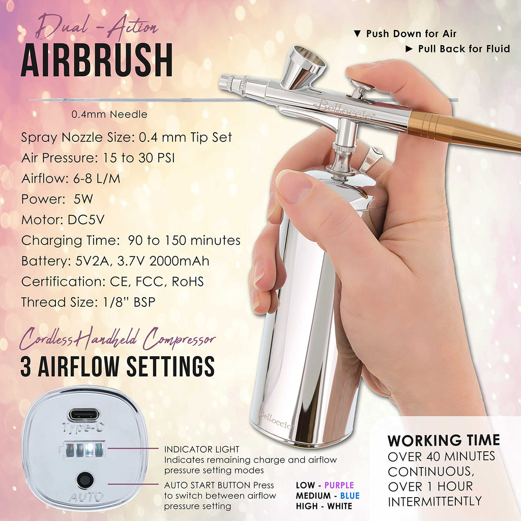 Belloccio Complete Cordless Airbrush Makeup System – 18-Piece Kit with 4 Tan Foundations