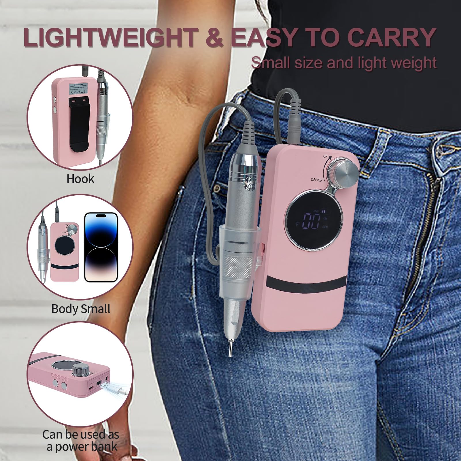Belovedone Electric Nail Drill 35000RPM – Cordless Pink Nail Kit for Home Salon