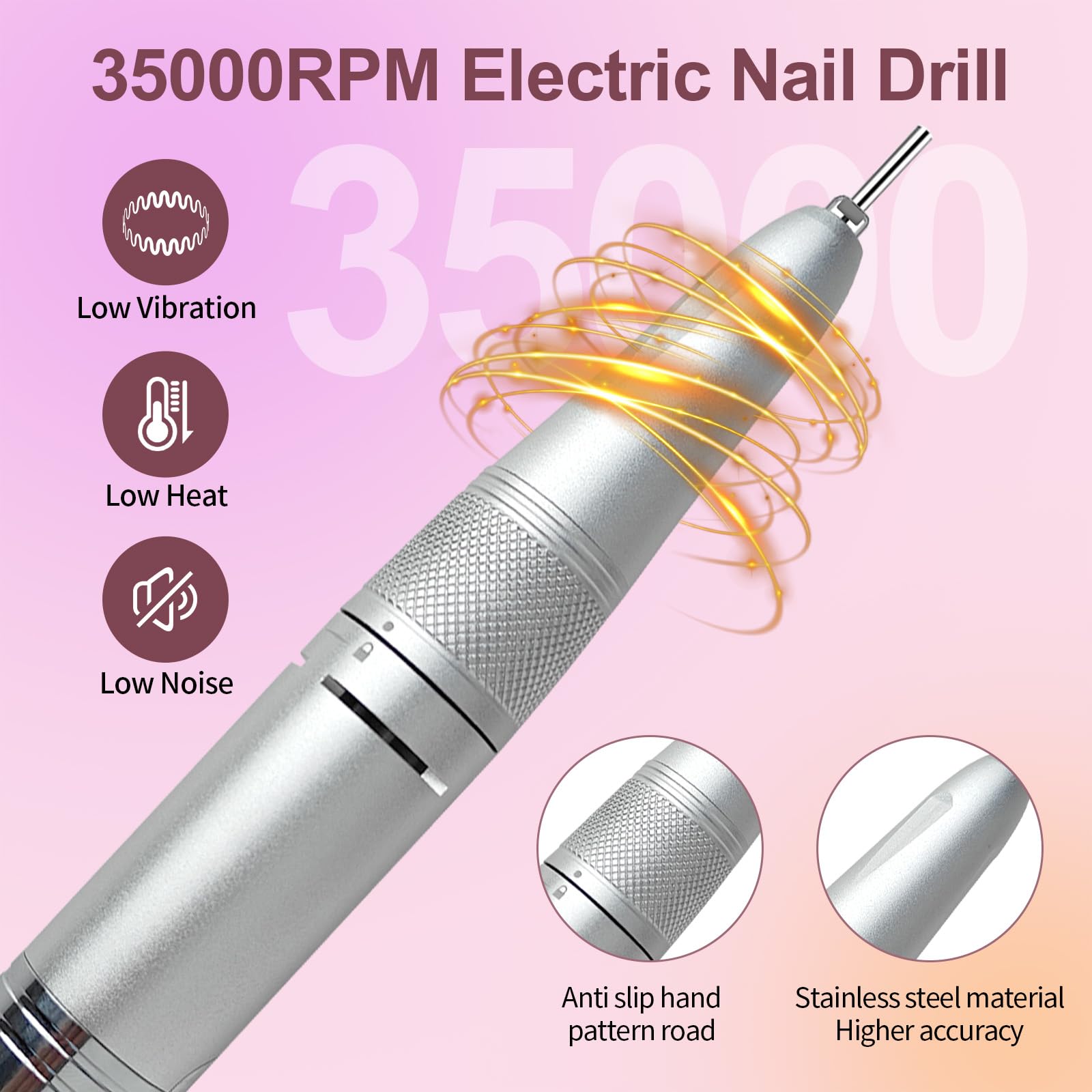 Belovedone Electric Nail Drill 35000RPM – Cordless Pink Nail Kit for Home Salon