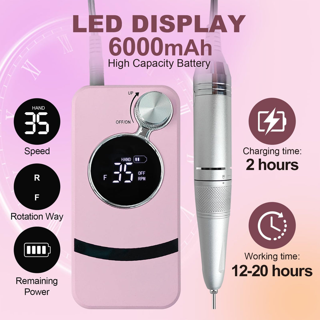 Belovedone Electric Nail Drill 35000RPM – Cordless Pink Nail Kit for Home Salon